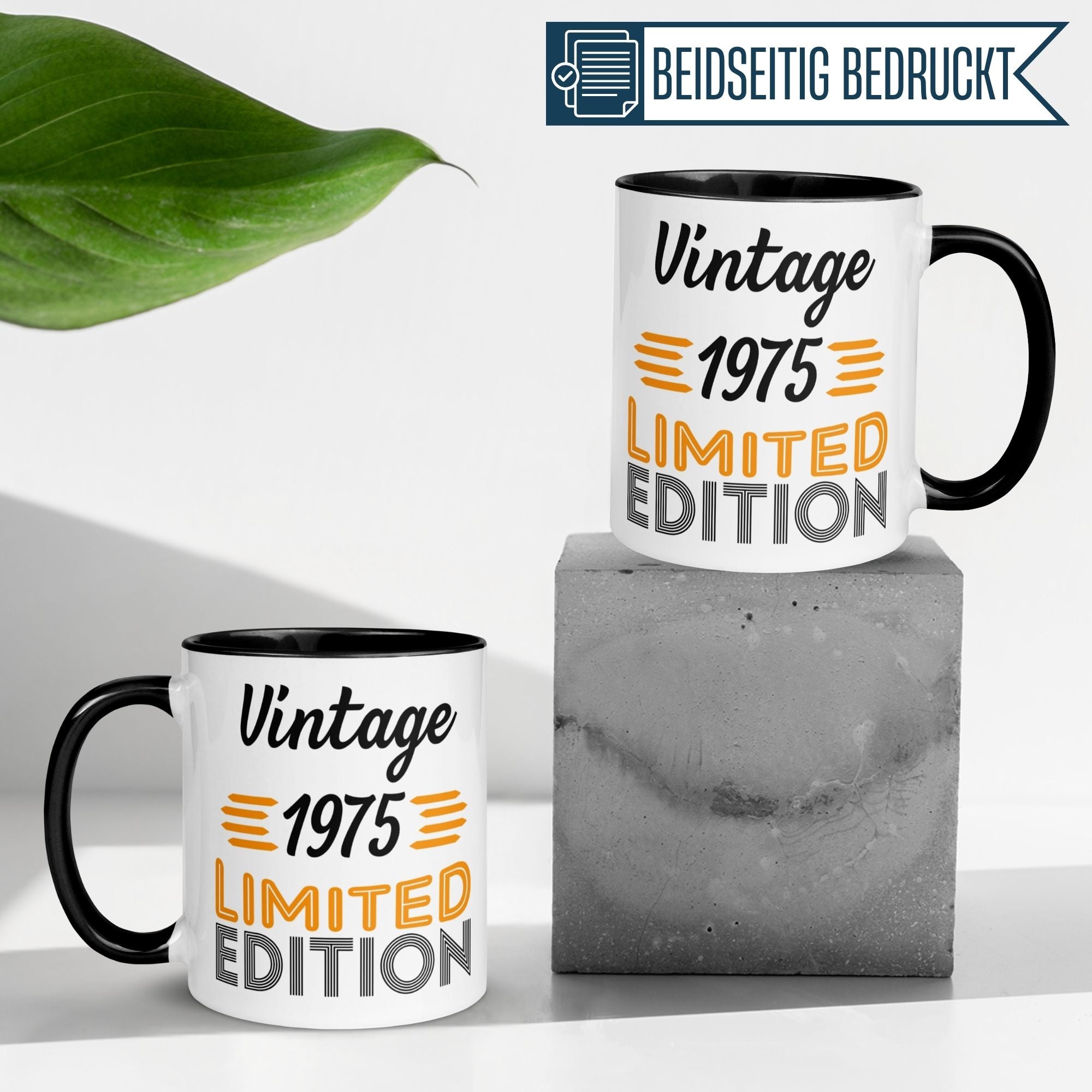 Vintage 1975 coffee mugs with humorous design, perfect birthday gift for men turning 50.