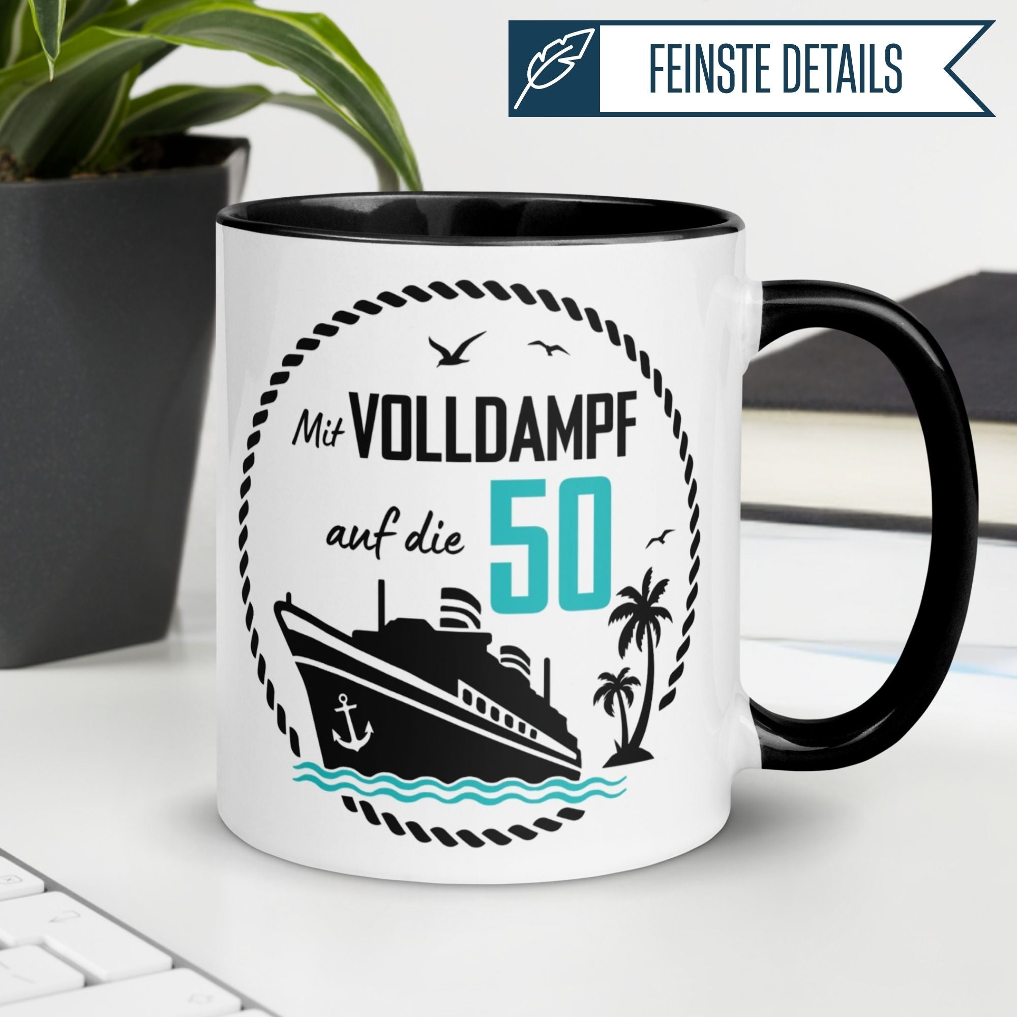 Momentals® Tasse zum 50. Geburtstag mit Schiff-Motiv und Spruch für humorvolle Geschenke an Männer.