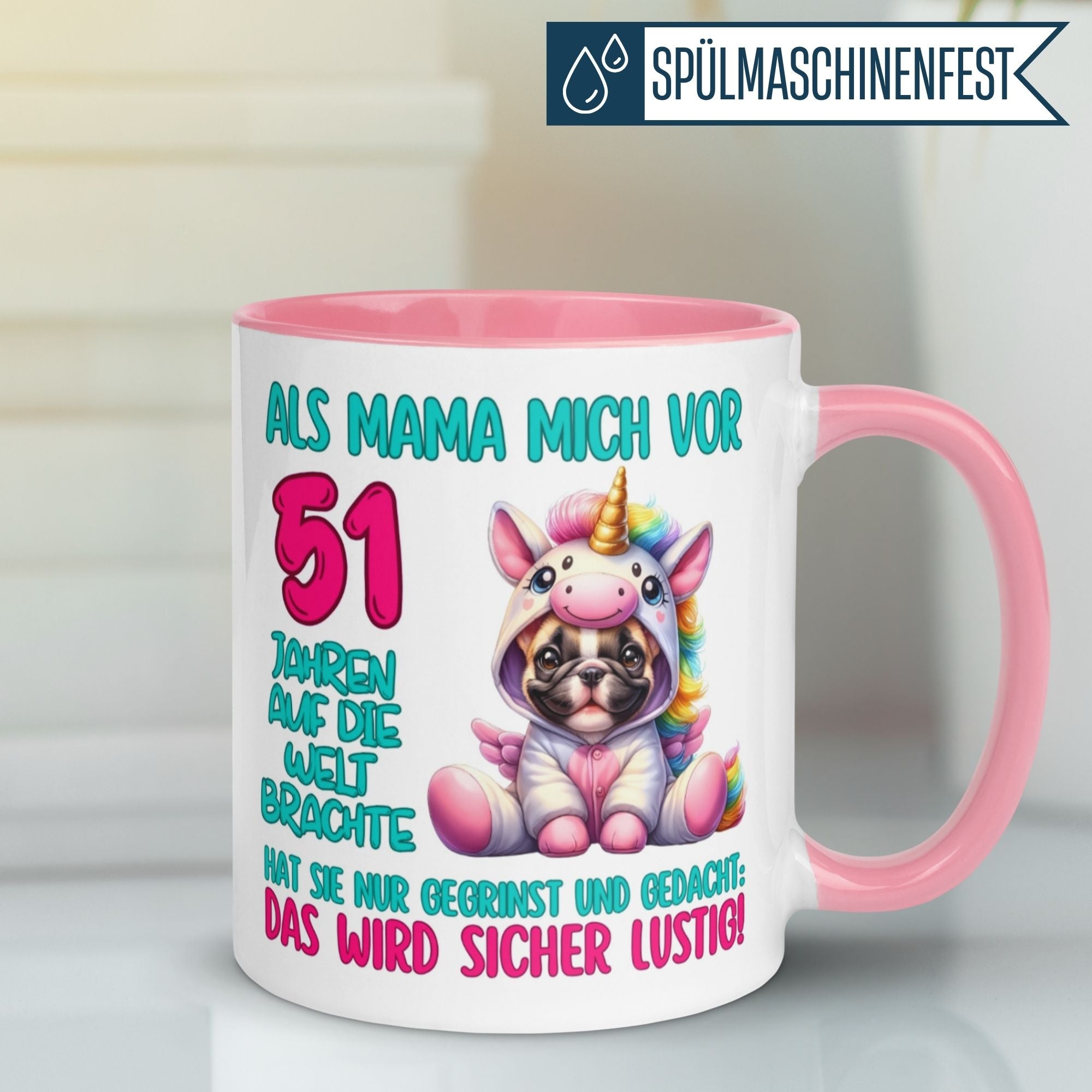 Momentals® 51. Geburtstag Tasse mit Einhorn-Motiv für besondere Frauen, perfekt für Kaffee oder Tee.