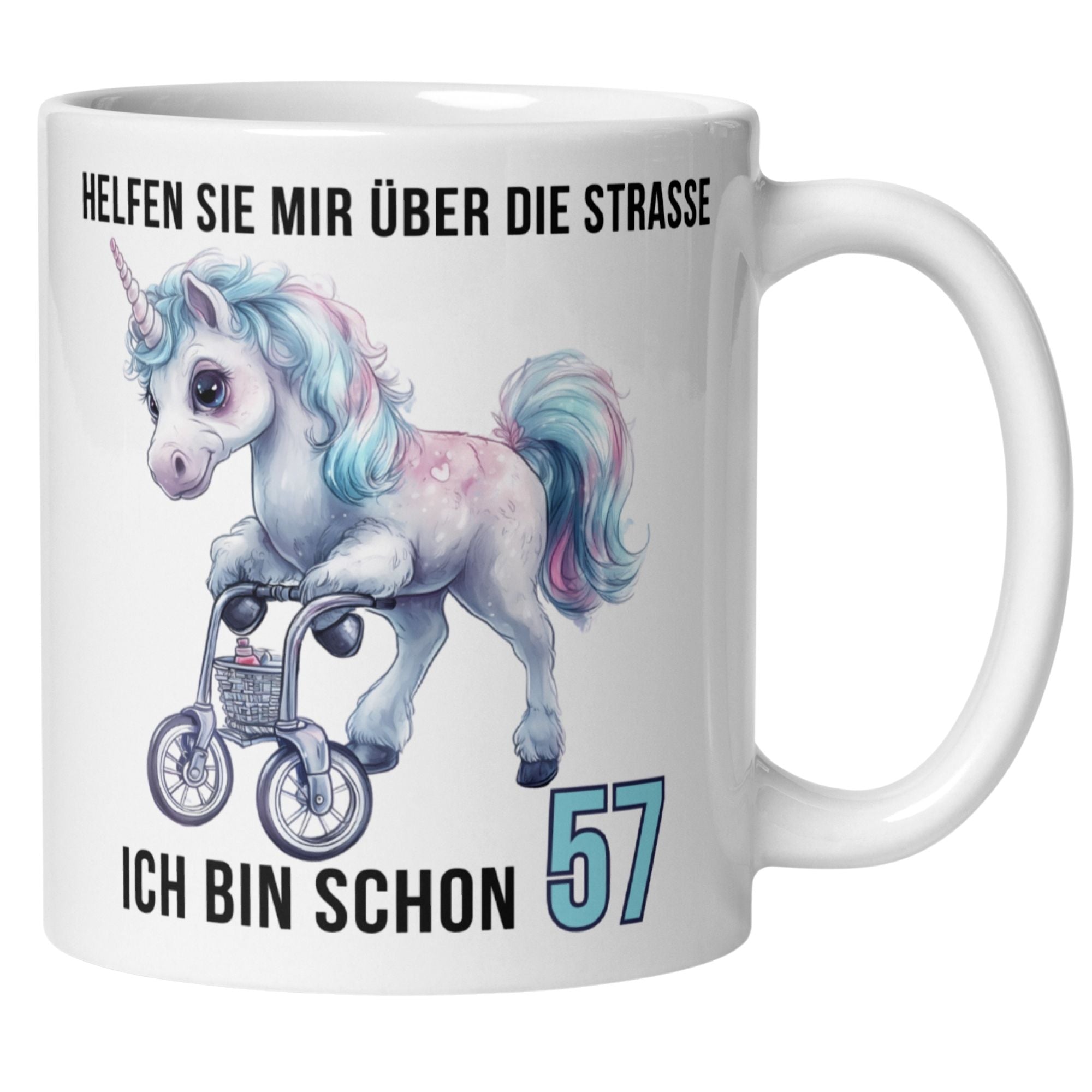 Beige Tasse mit niedlichem Einhorn und Spruch für den 57. Geburtstag.