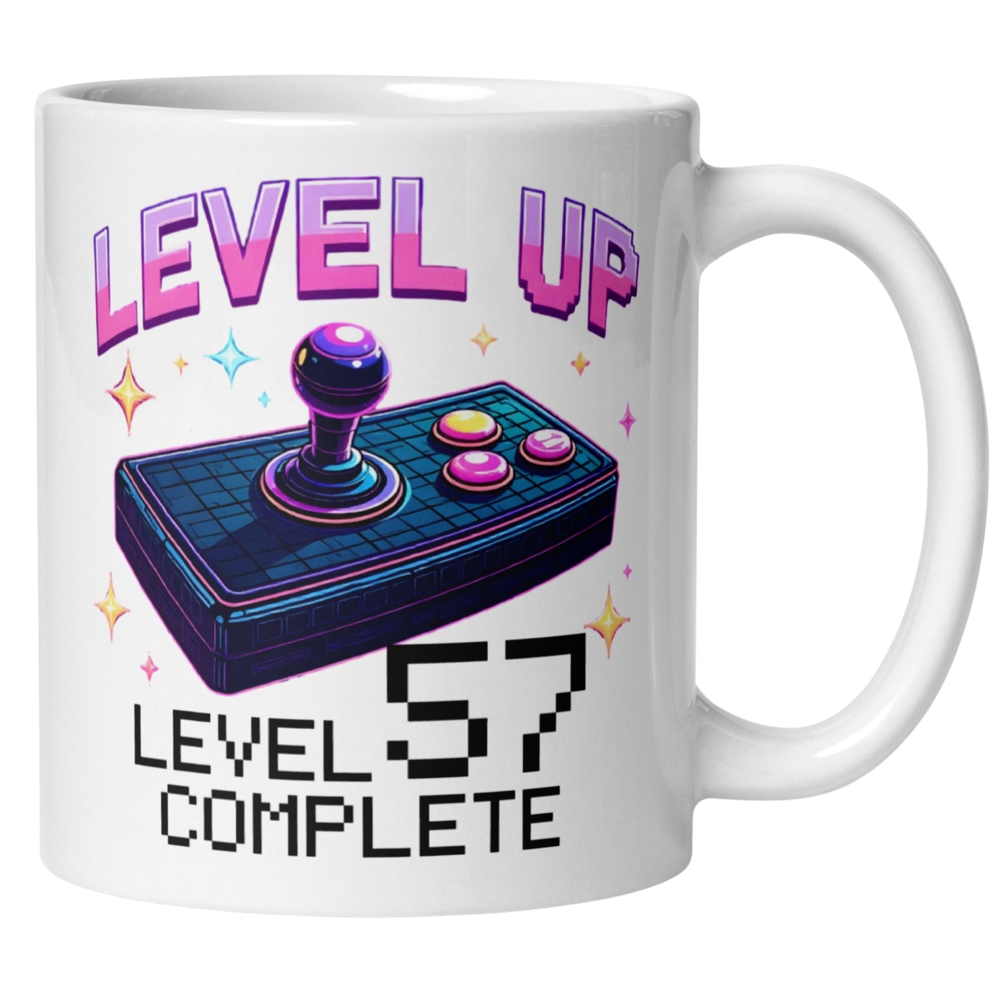 Momentals Tasse zum 57. Geburtstag mit Grafik eines Joysticks und Spruch 'Level UP - Level 57 Complete'.