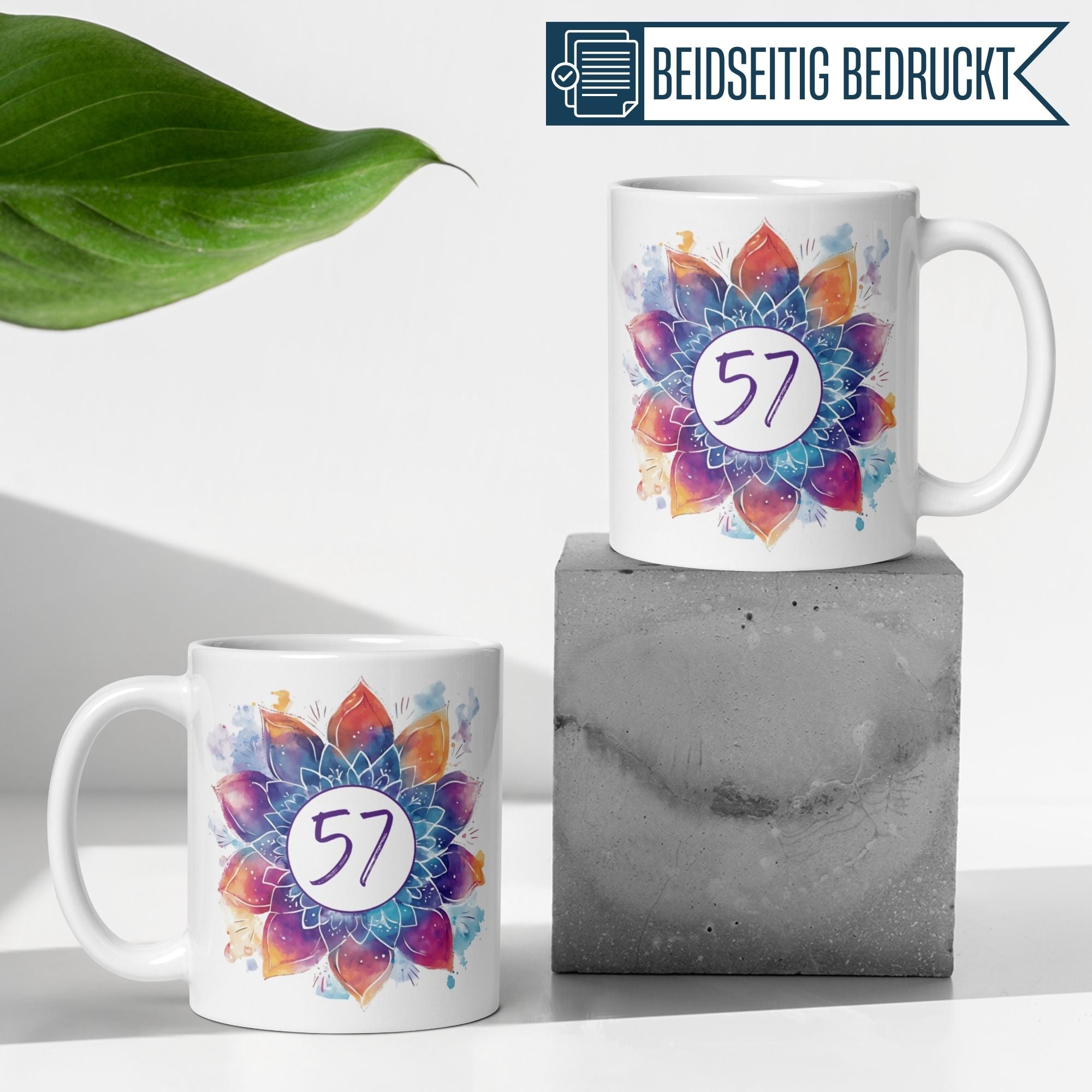 Bunte Tasse zum 57. Geburtstag mit Mandala-Design, perfekt für Kaffee oder Tee.