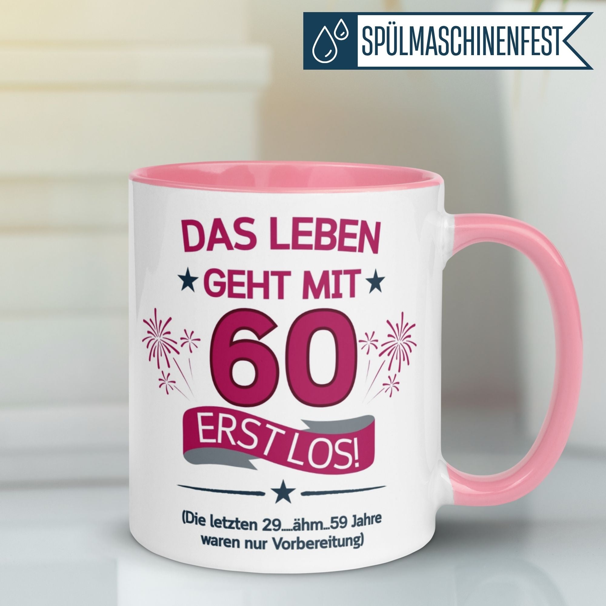 Momentals® Tasse zum 60. Geburtstag mit witzigem Spruch und Feuerwerk-Motiv, perfekt als Geschenk für Frauen.