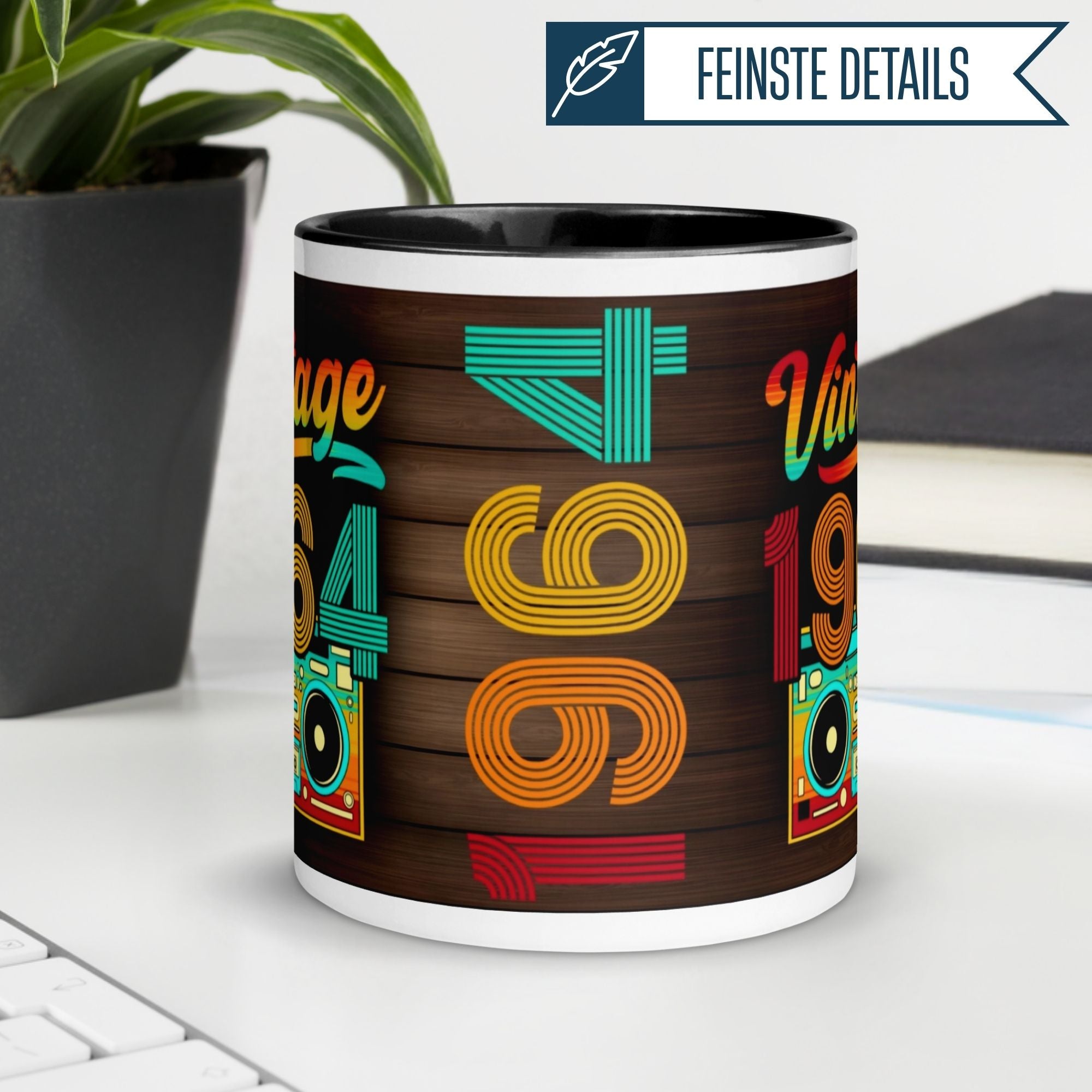 Vintage coffee mug celebrating 61st birthday with colorful 1964 design and retro elements.