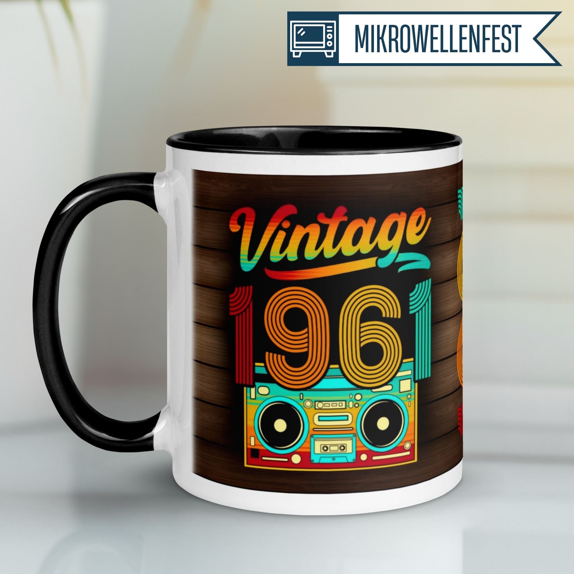 Vintage 1961 birthday mug with colorful retro design, perfect gift for a 64th birthday celebration.