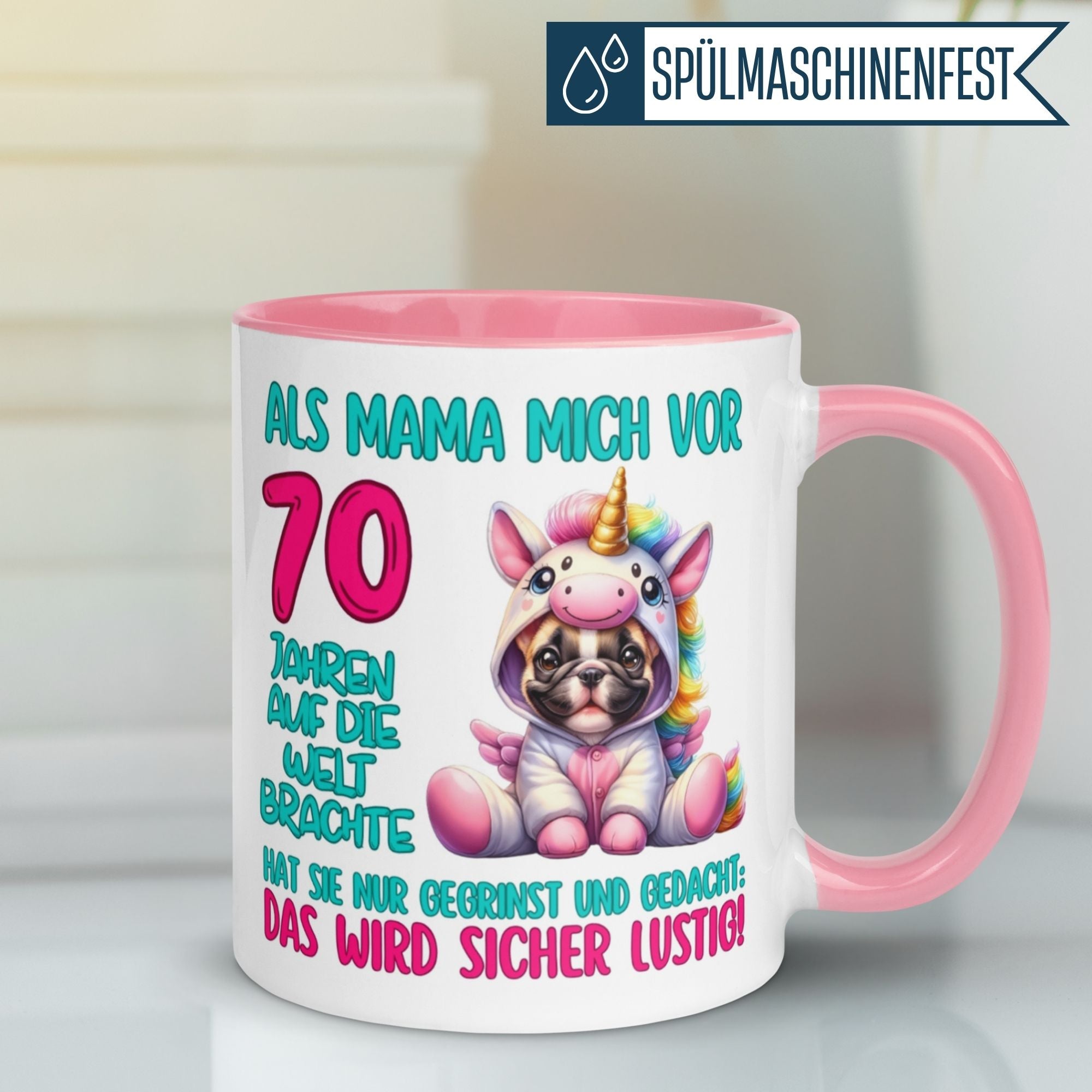 Momentals® Geburtstagstasse mit Einhorn und Spruch für 70. Geburtstag, perfekt für Kaffee oder Tee.