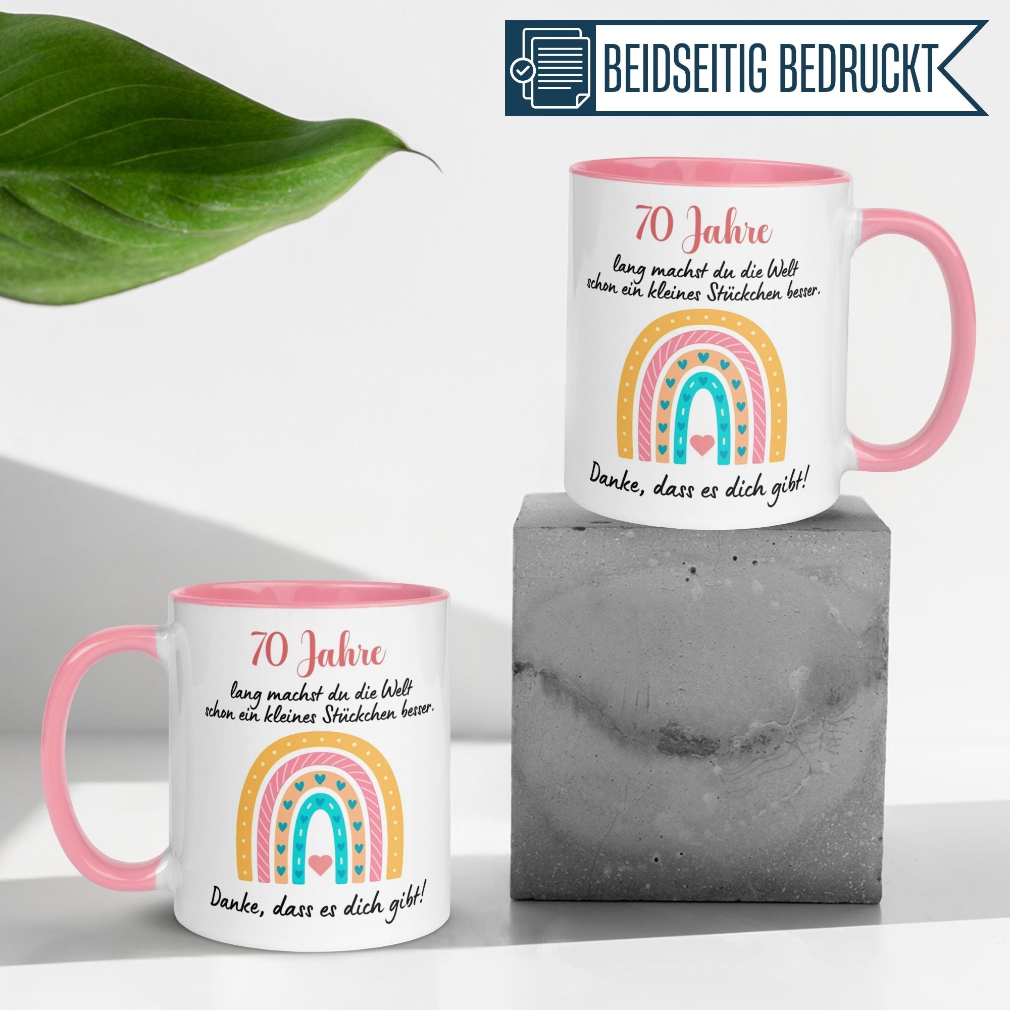 Momentals 70. Geburtstagstasse mit buntem Regenbogenmotiv und herzlichem Spruch für Frauen.