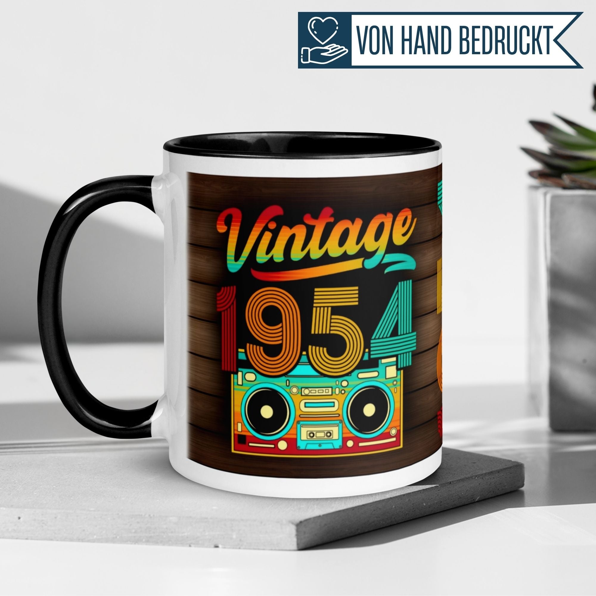 Momentals® 71. Geburtstag Tasse mit Retro-Design 1954 und buntem Kassettenspieler-Motiv