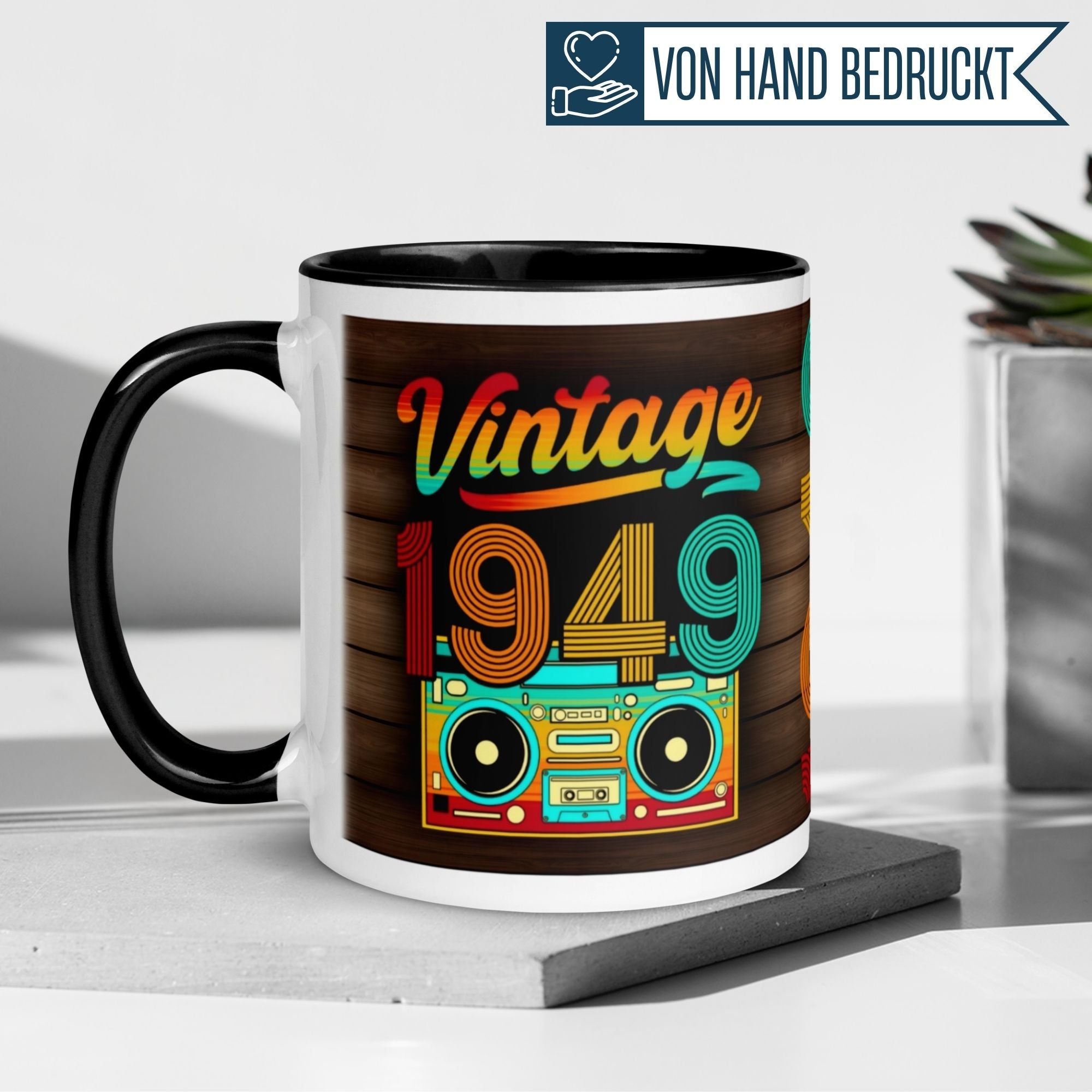 Vintage 1949 birthday mug featuring colorful retro design and boombox, perfect for celebrating a 76th birthday.