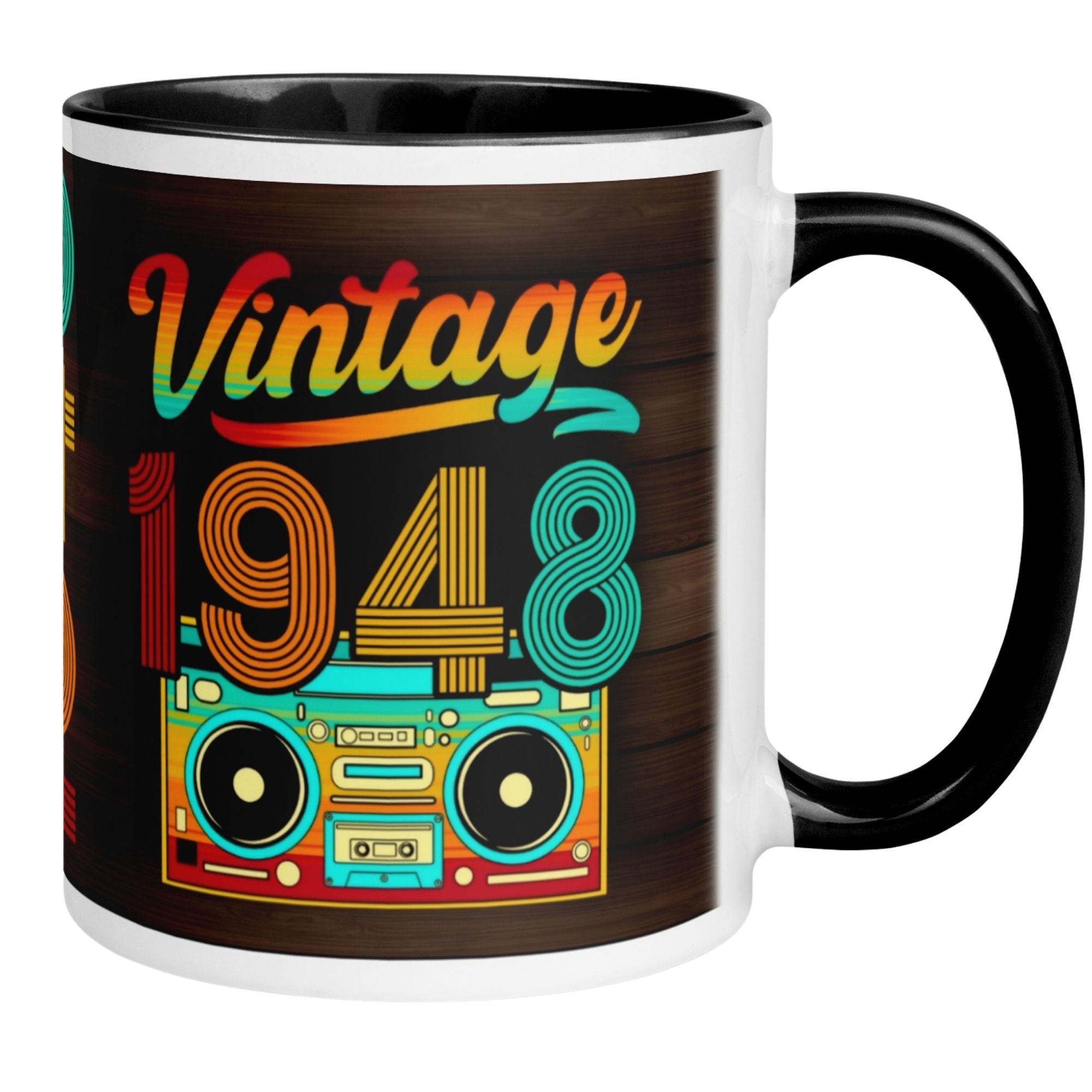 Momentals® 77. Geburtstag Tasse mit Retro-Design, Vintage 1948 und buntem Kassettenrekorder-Motiv.
