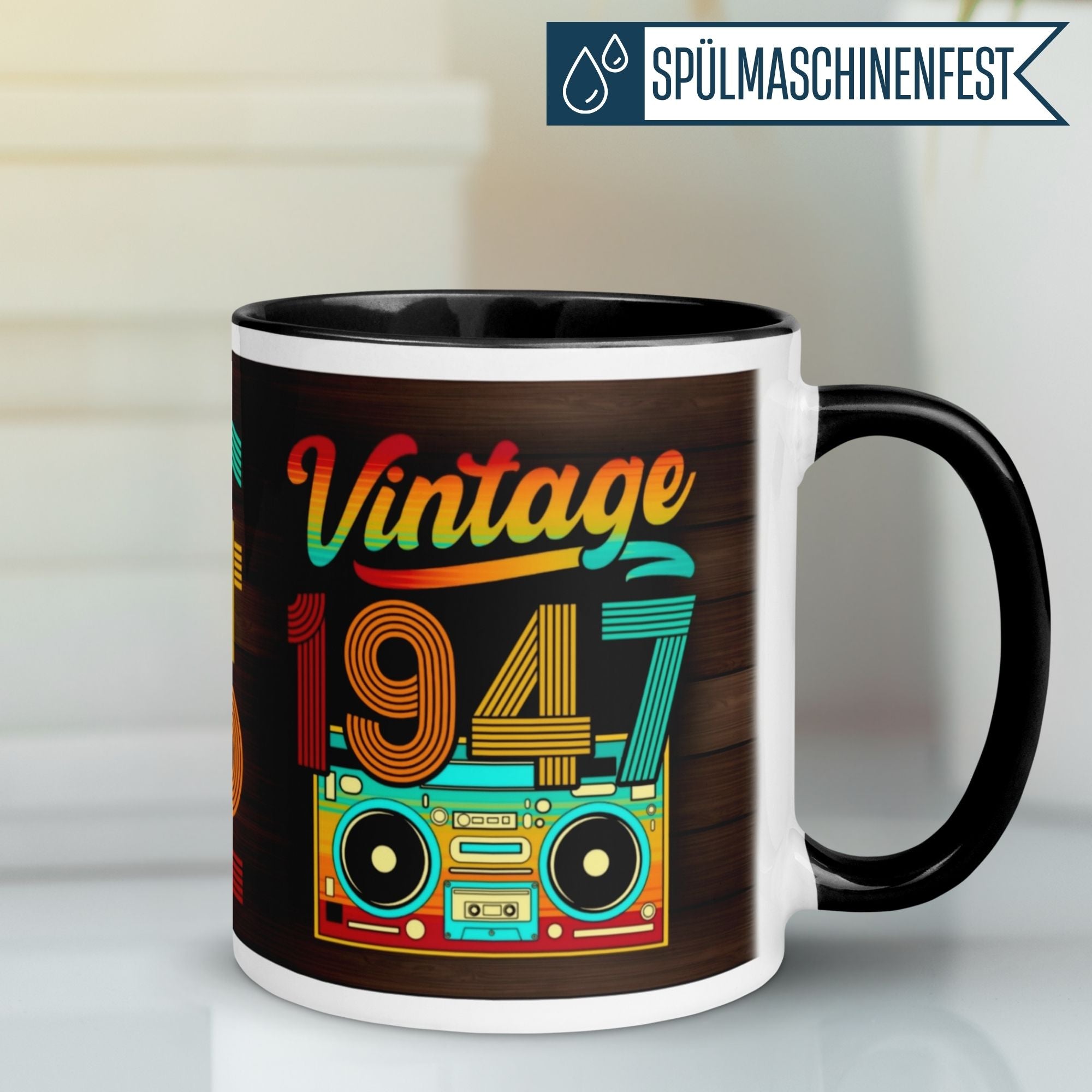 Vintage 1947 birthday mug with colorful design, perfect for celebrating a 78th birthday with coffee or tea.