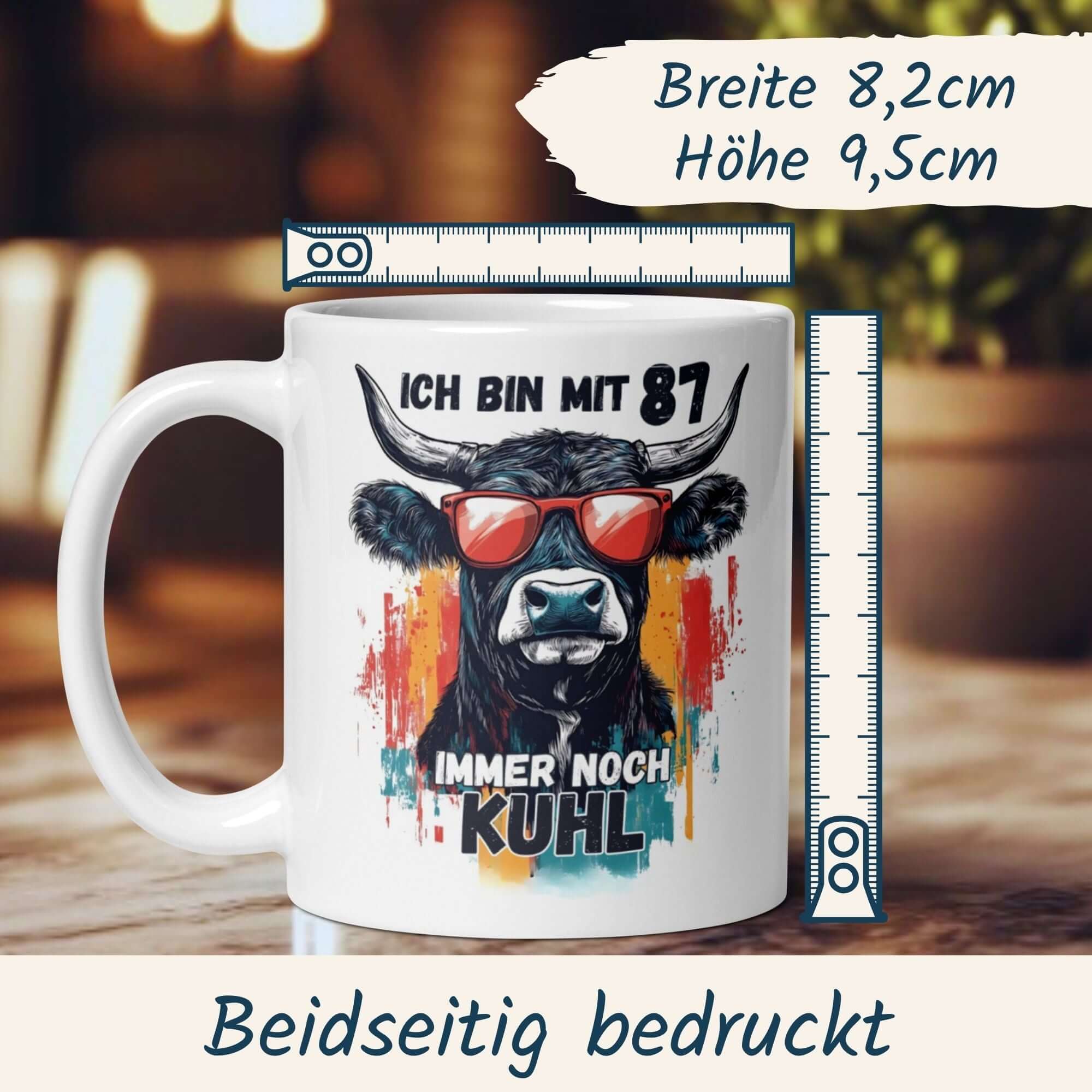 Momentals® Mug for 87th Birthday featuring a cool cow in sunglasses and fun text - perfect gift!