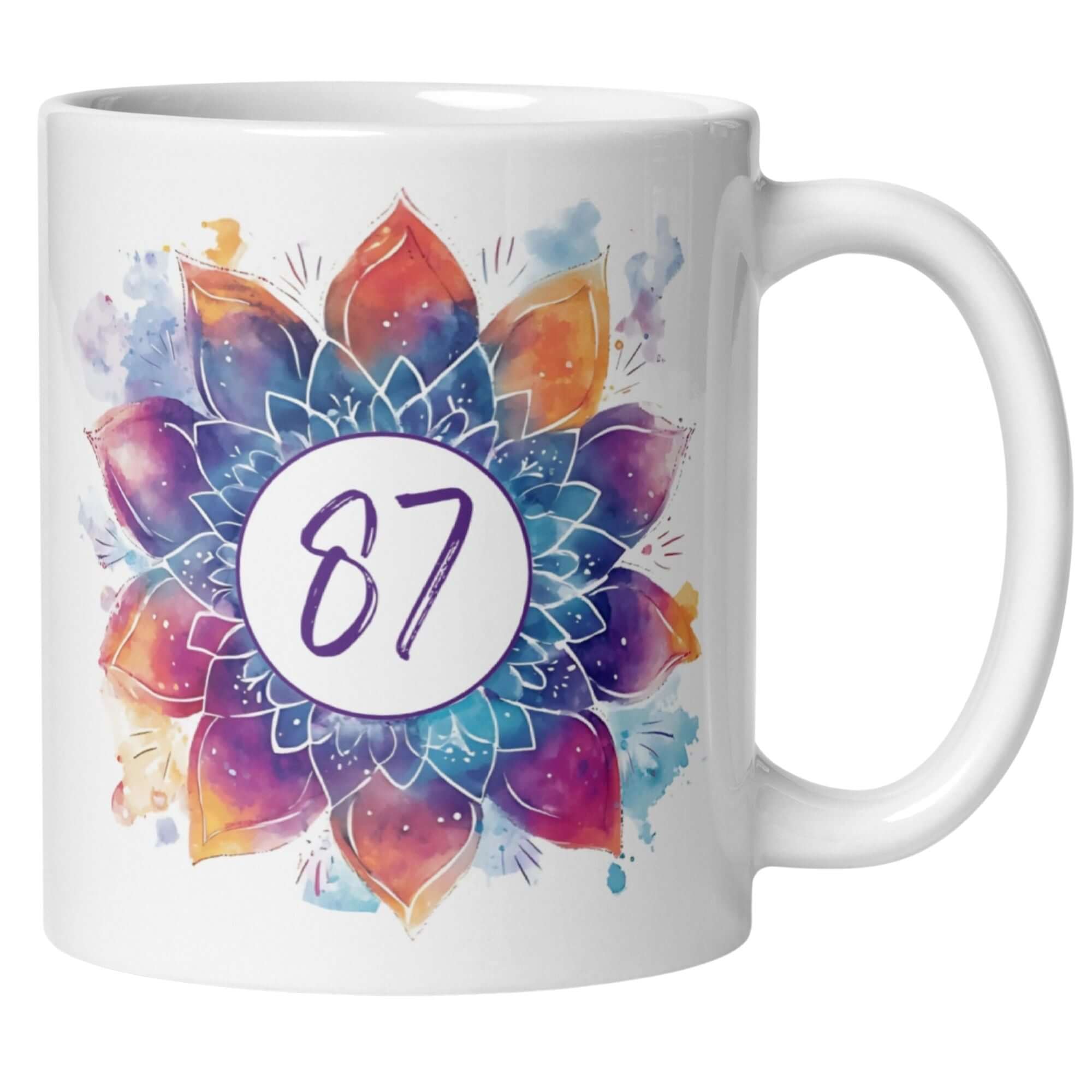 Momentals® coffee mug featuring a colorful mandala design celebrating 87th birthday with vibrant watercolor patterns.