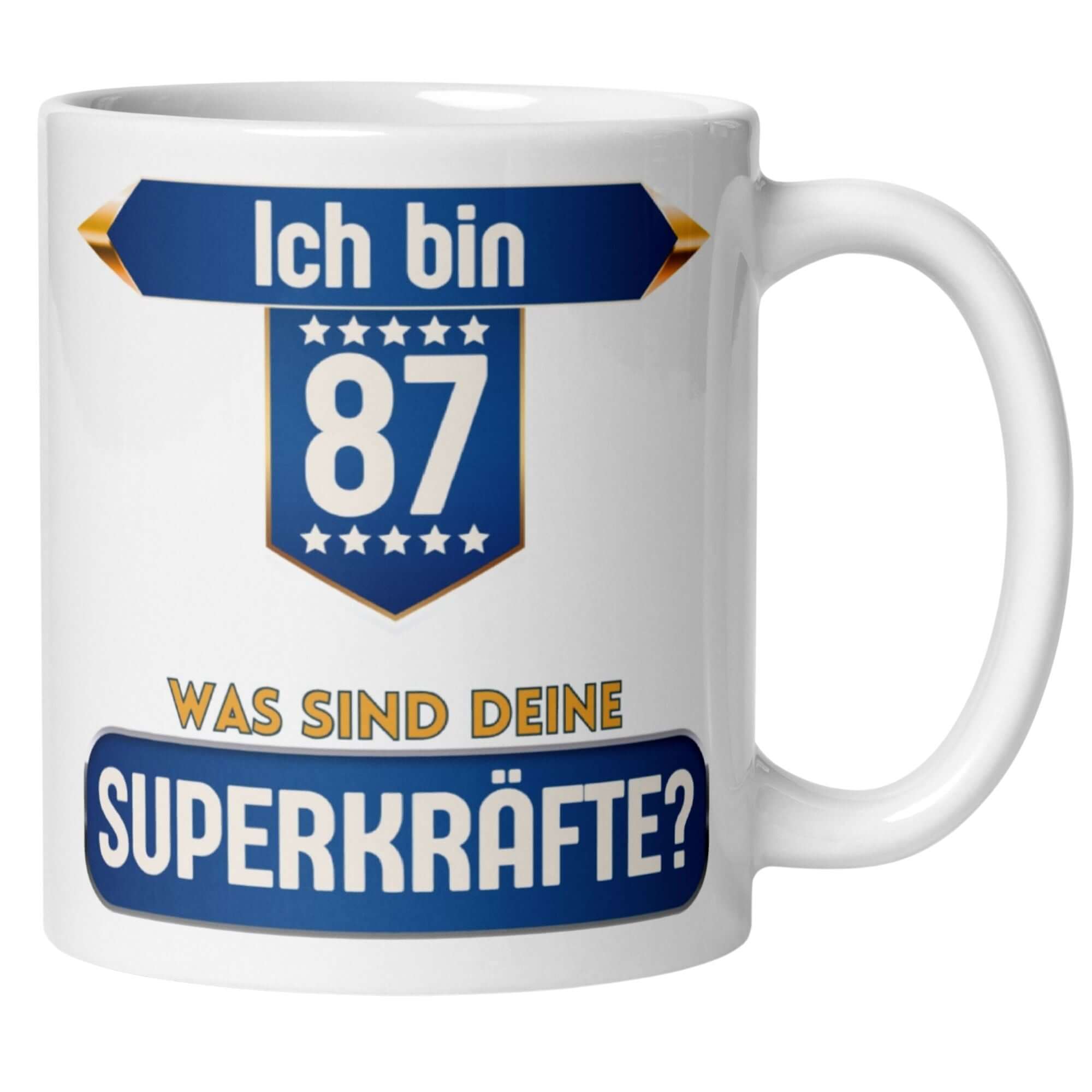 Blau-goldene Tasse zum 87. Geburtstag mit Spruch "Ich bin 87 – was sind deine Superkräfte?".