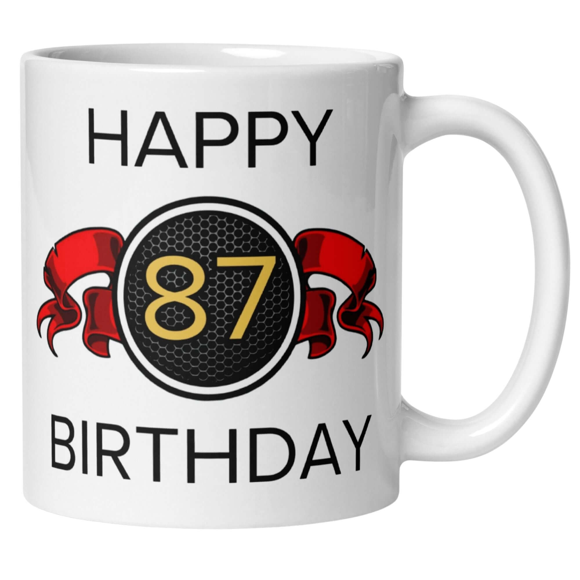 Elegante Tasse zum 87. Geburtstag mit goldener Zahl, Wabenmuster und roten Schleifen, stilvolles Geschenk.