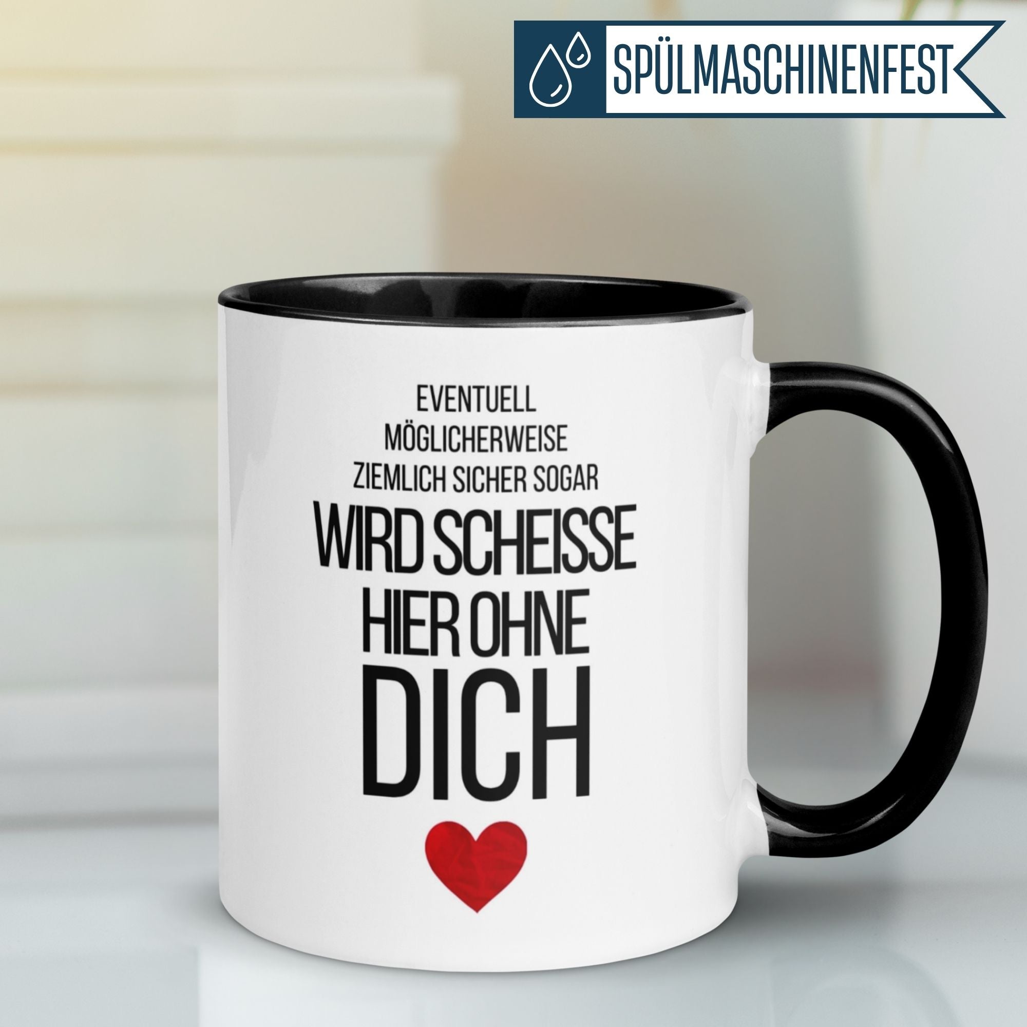 Momentals Tasse mit schwarzer Schrift und rotem Herz: Emotionaler Abschied im Job, humorvoll und wertschätzend.