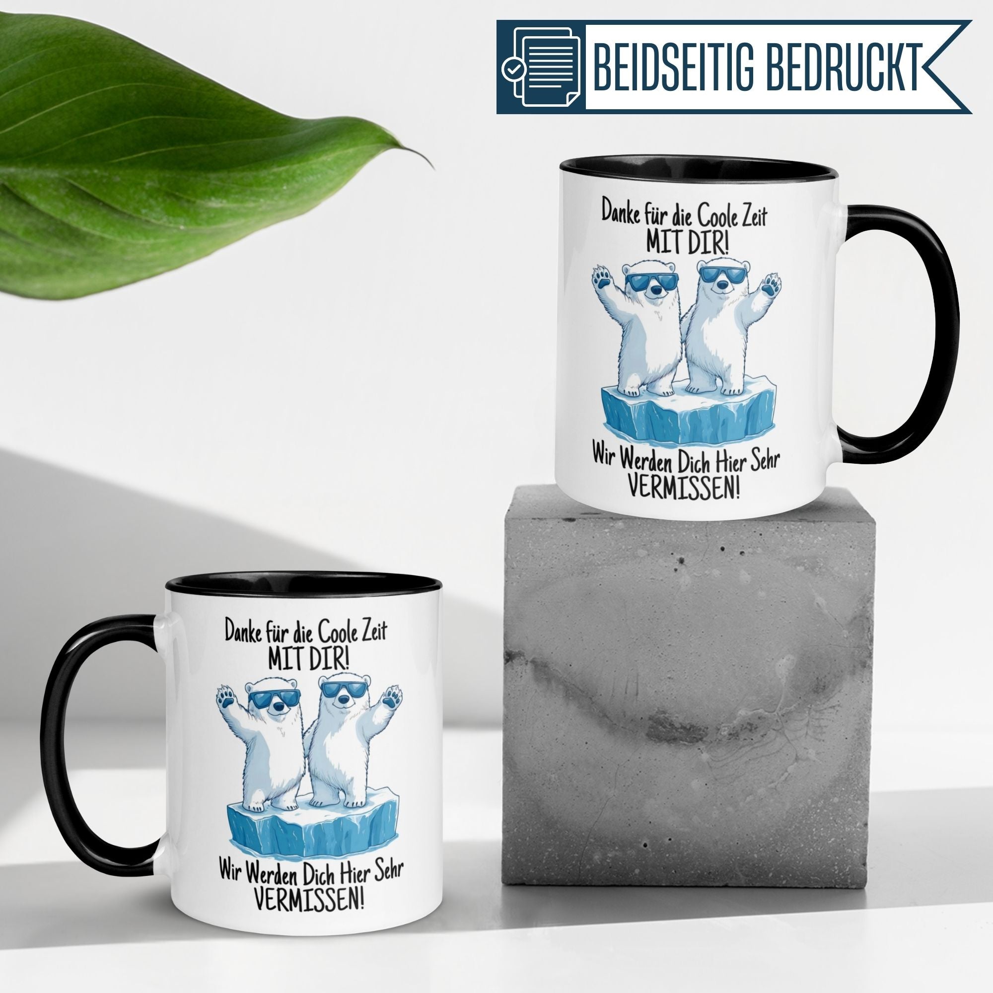 Momentals® Tasse Abschied mit Eisbären und Spruch "Danke für die coole Zeit mit dir!" beidseitig bedruckt.