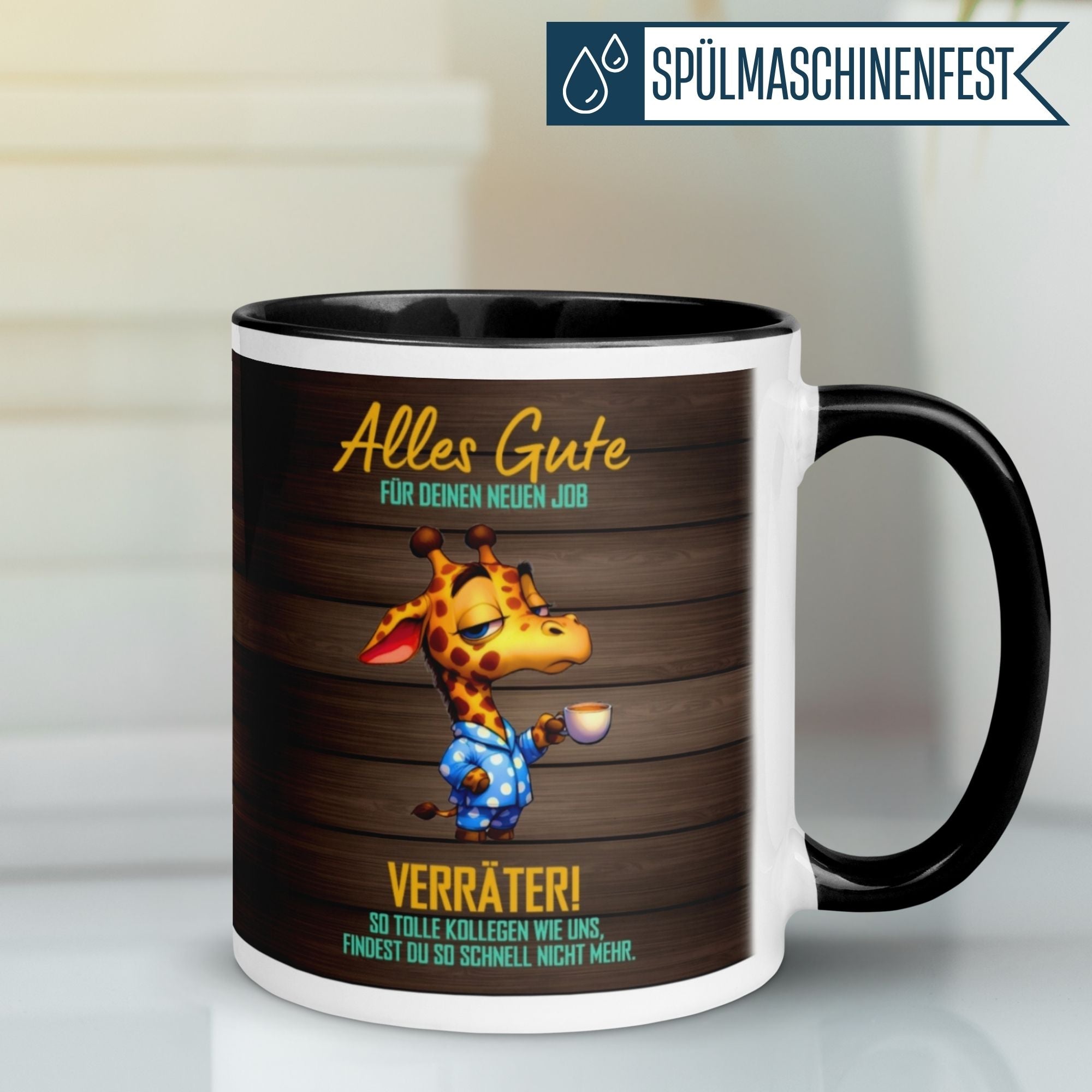 Momentals Tasse mit Giraffe und Spruch für neuen Job - originelles Geschenk für Kollegen.