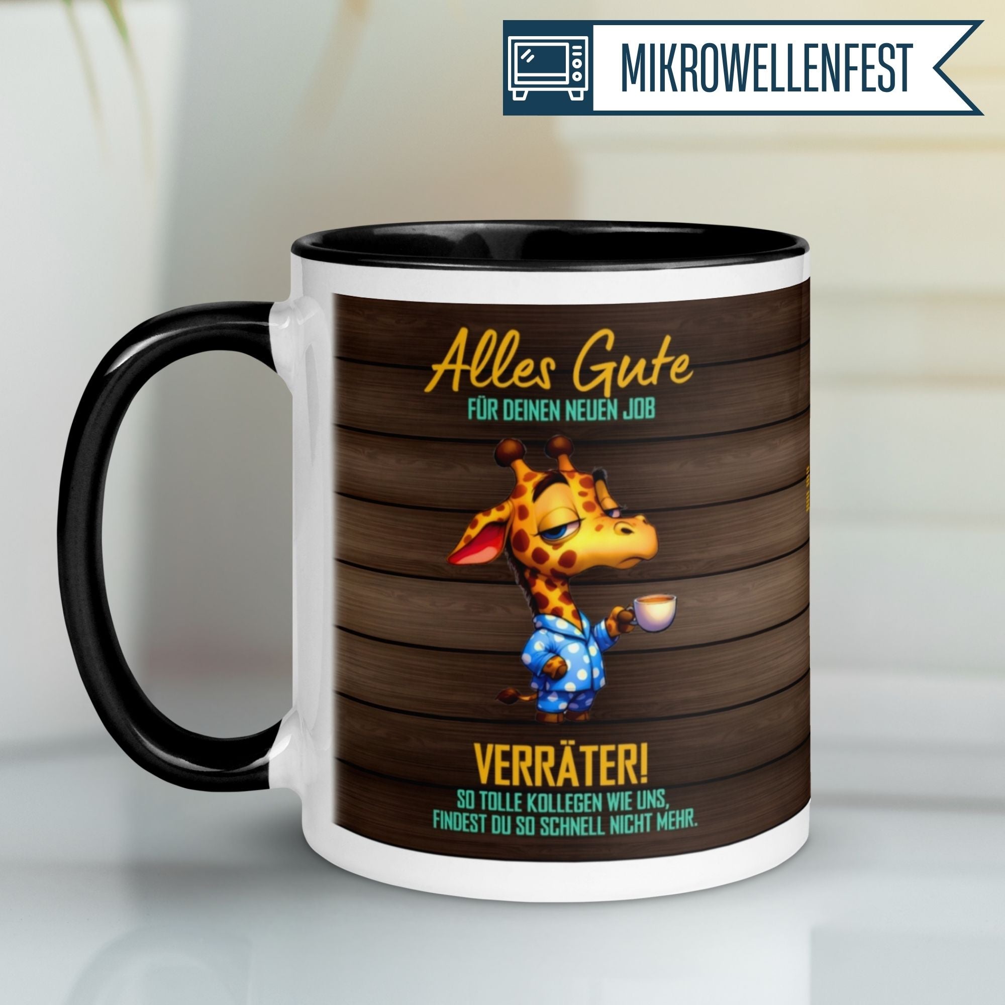 Momentals Tasse mit Giraffe und Spruch "Alles Gute für deinen neuen Job – Verräter!" für Kollegen.
