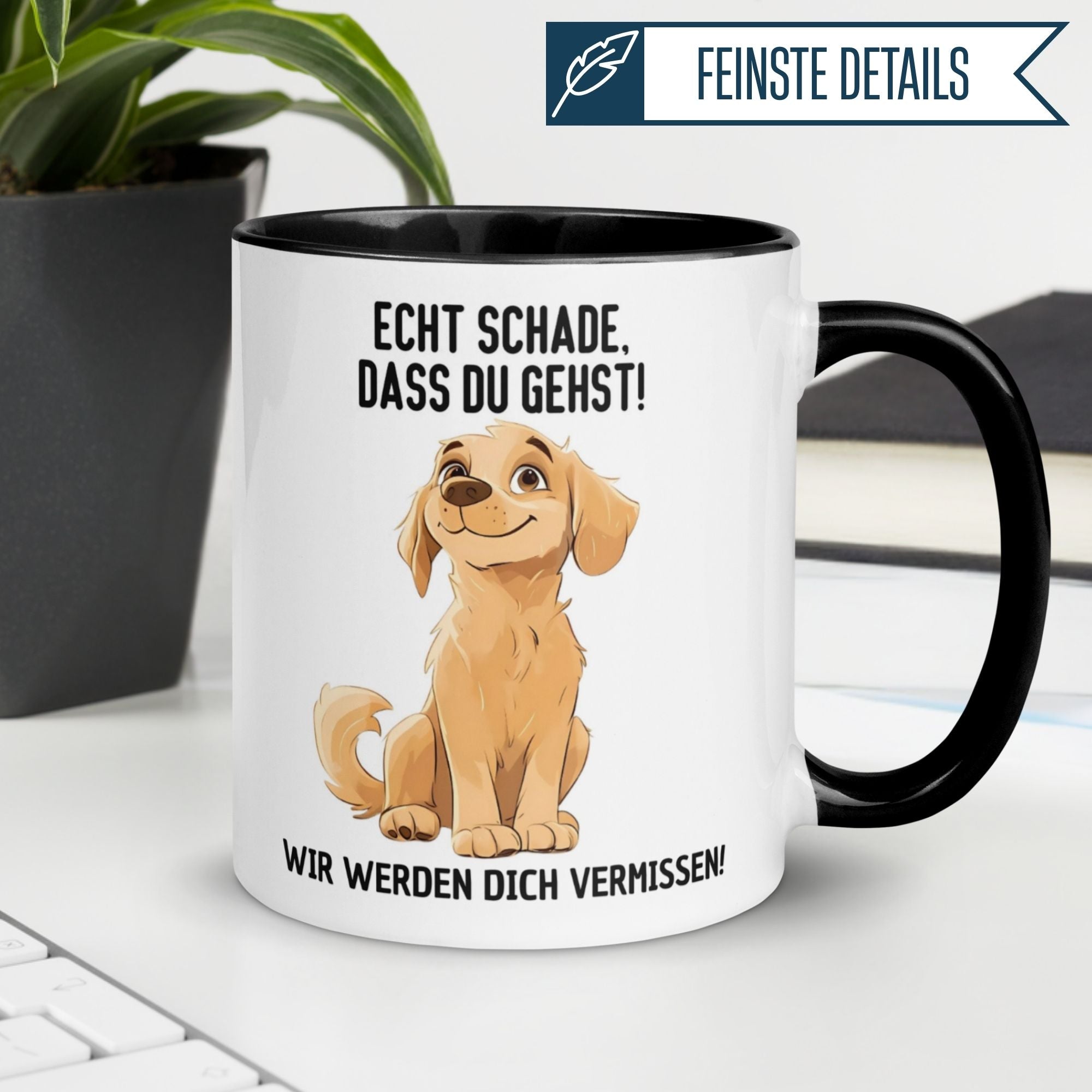 Momentals® Abschiedstasse mit süßem Hund und dem Spruch 'Echt schade, dass du gehst!'