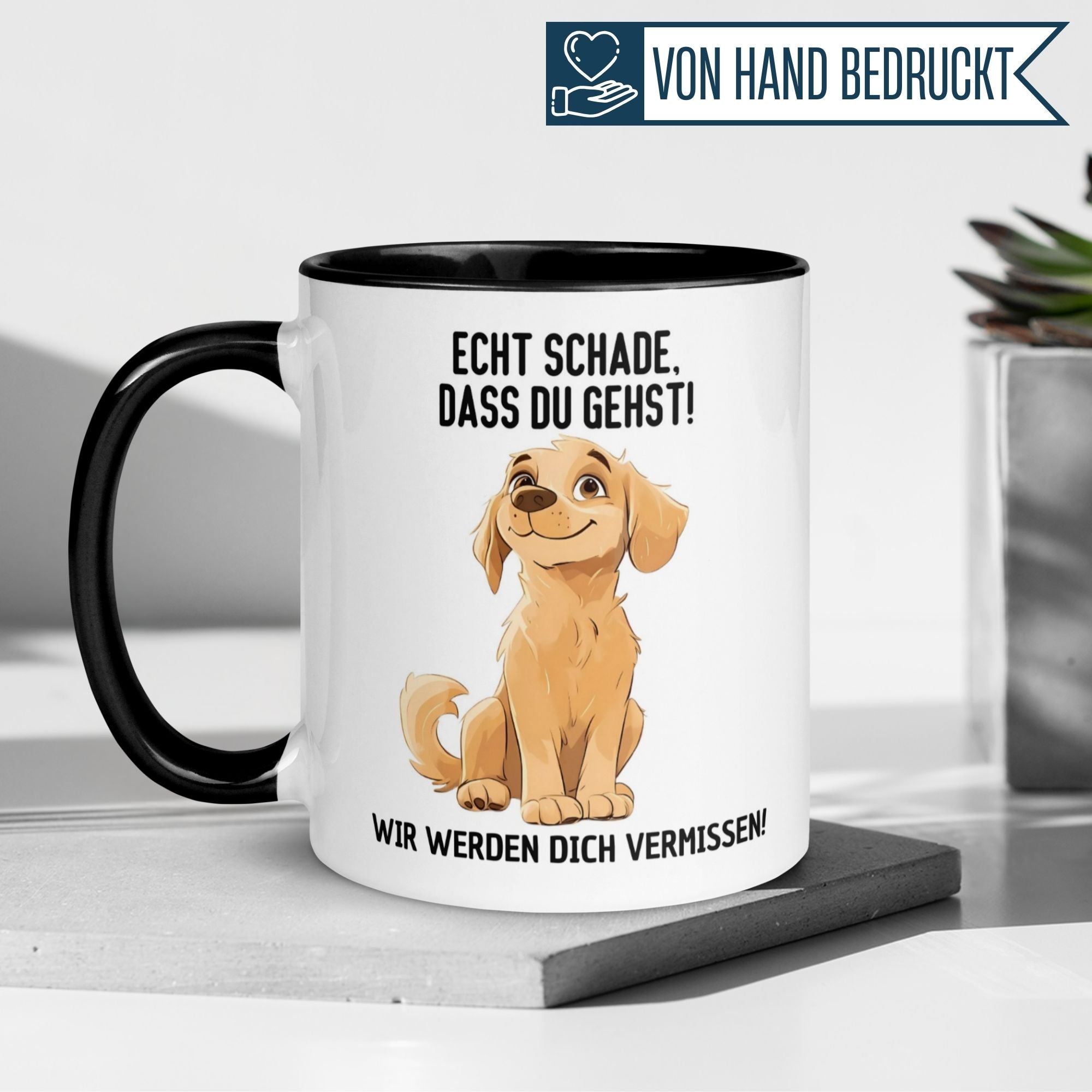 Momentals Tasse Abschied mit Hund, Spruch "Echt schade, dass du gehst!" zur Verabschiedung im Job.
