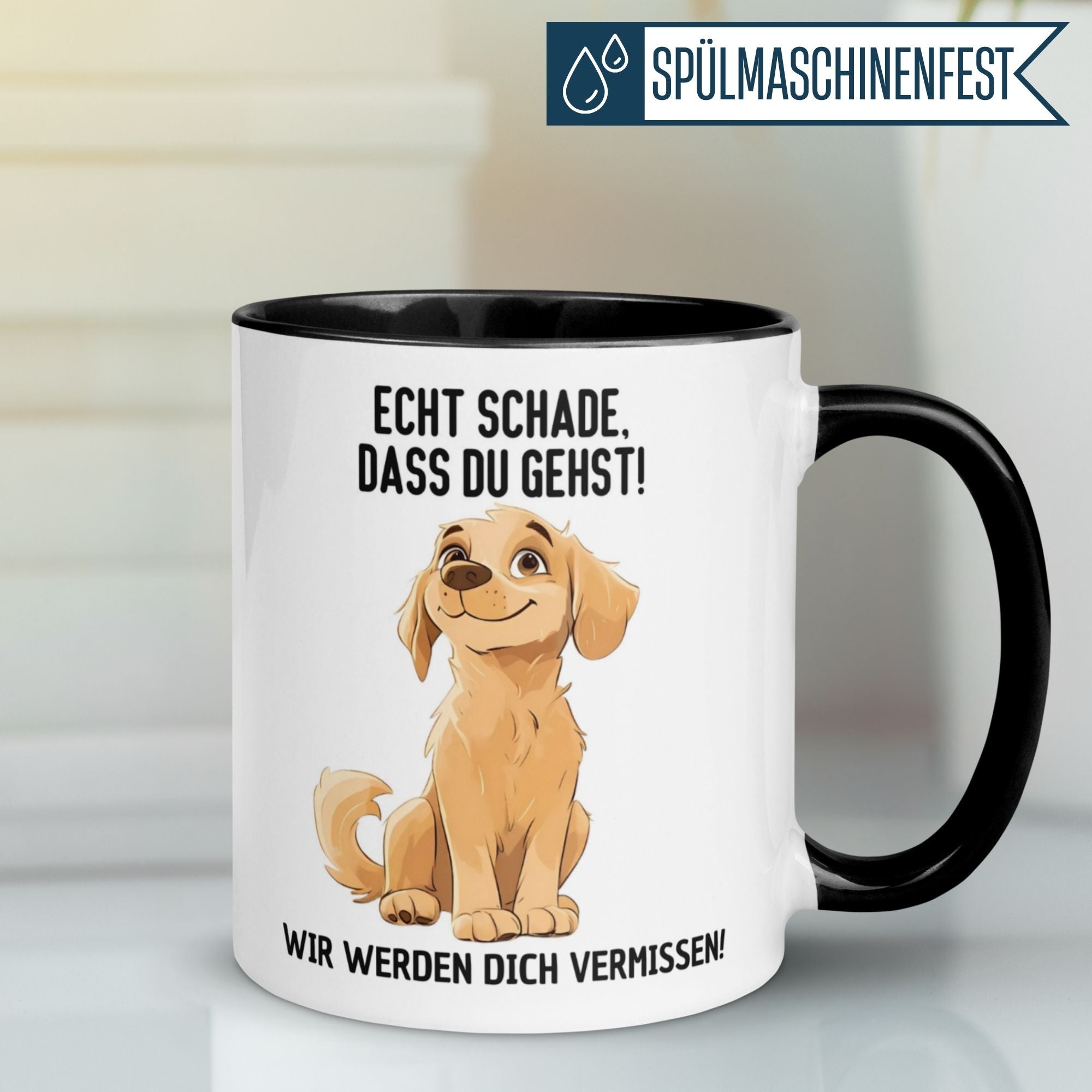 Charmante Tasse mit Hund und Spruch "Echt schade, dass du gehst!" für Abschiedsgeschenke.