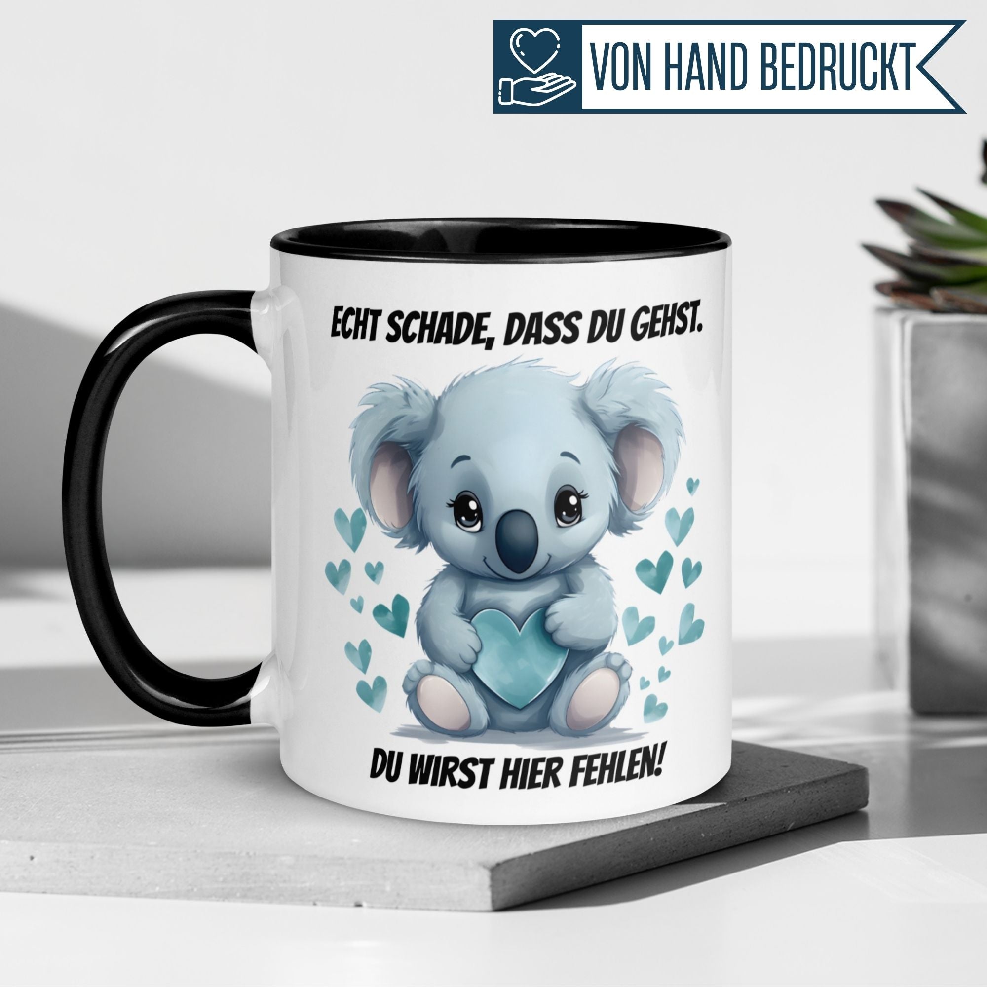 Momentals® Tasse mit süßem Koala und Abschiedsspruch "Echt schade, dass du gehst." perfekt für Kollegen.