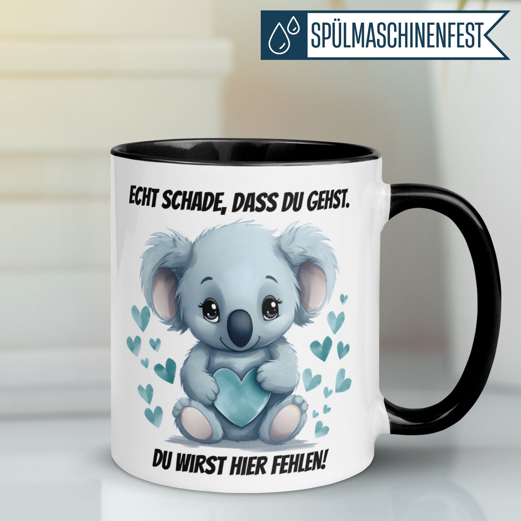 Momentals® Tasse mit Koala und Spruch "Echt schade, dass du gehst!" – Abschiedsgeschenk für Kollegen.