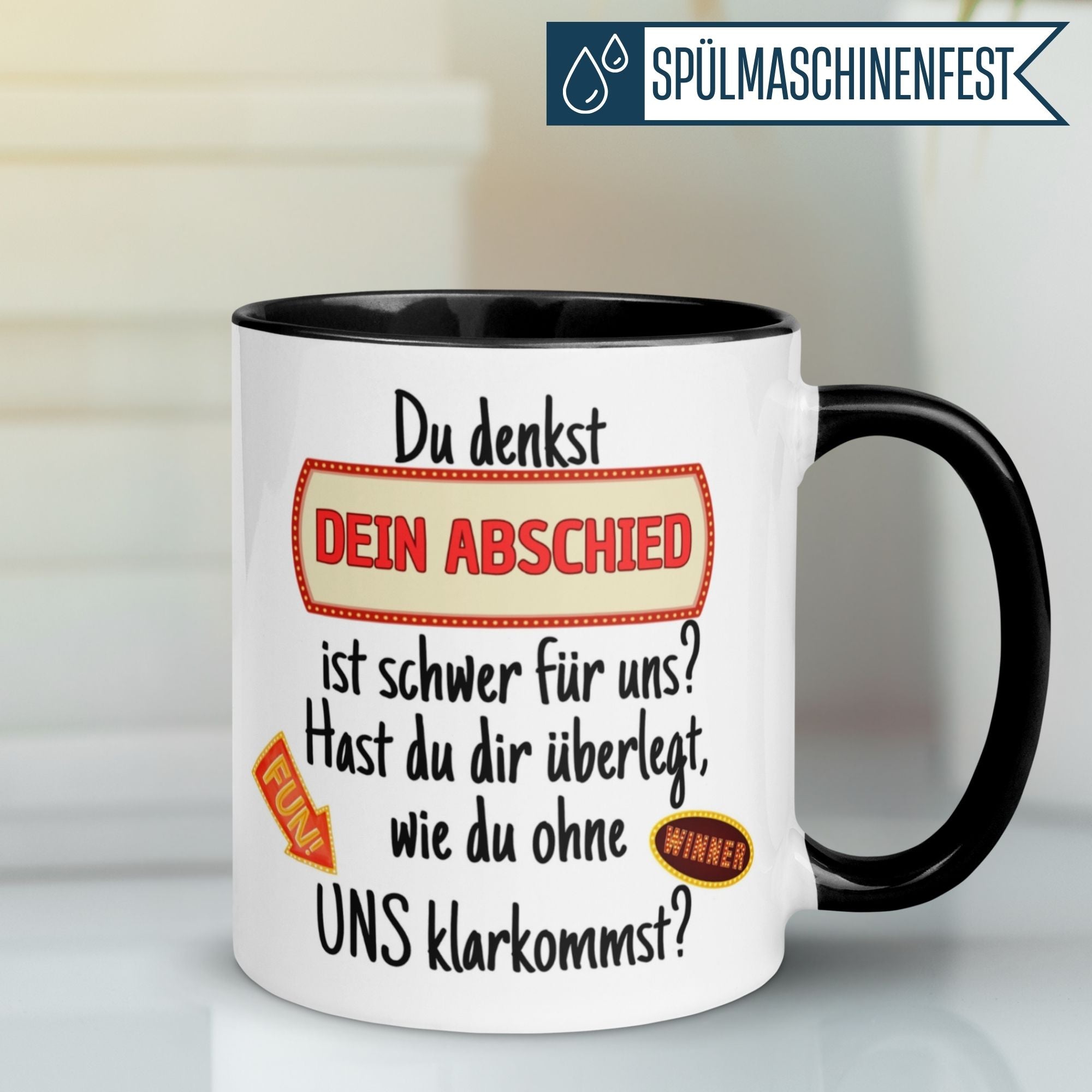 Momentals Tasse Abschied mit frechem Spruch und Leuchtschild-Design für Abschiedsgeschenke im Job.
