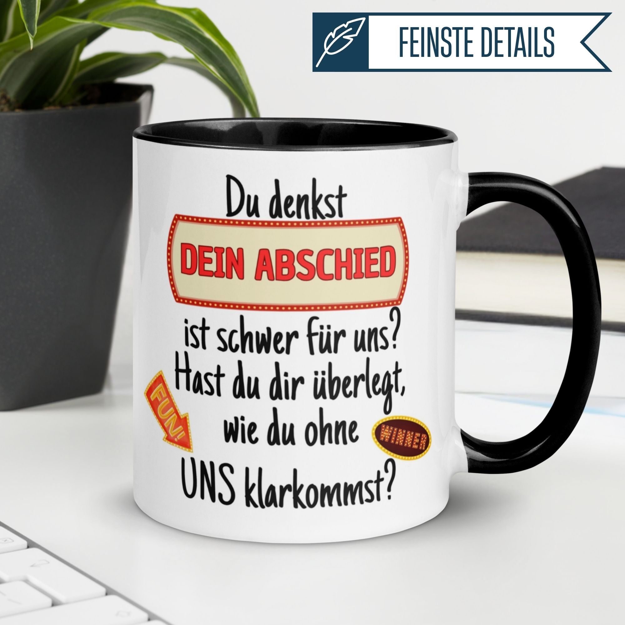 Momentals Tasse Abschied mit humorvollem Spruch über Abschied im Job, perfekt als Geschenk.