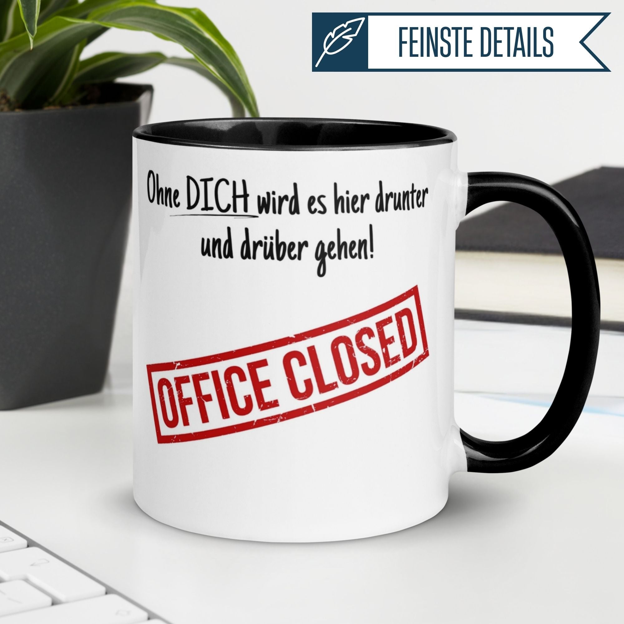 Momentals® Drunter & Drüber Tasse mit Spruch und OFFICL CLOSED Stempel für Abschiedsgeschenke