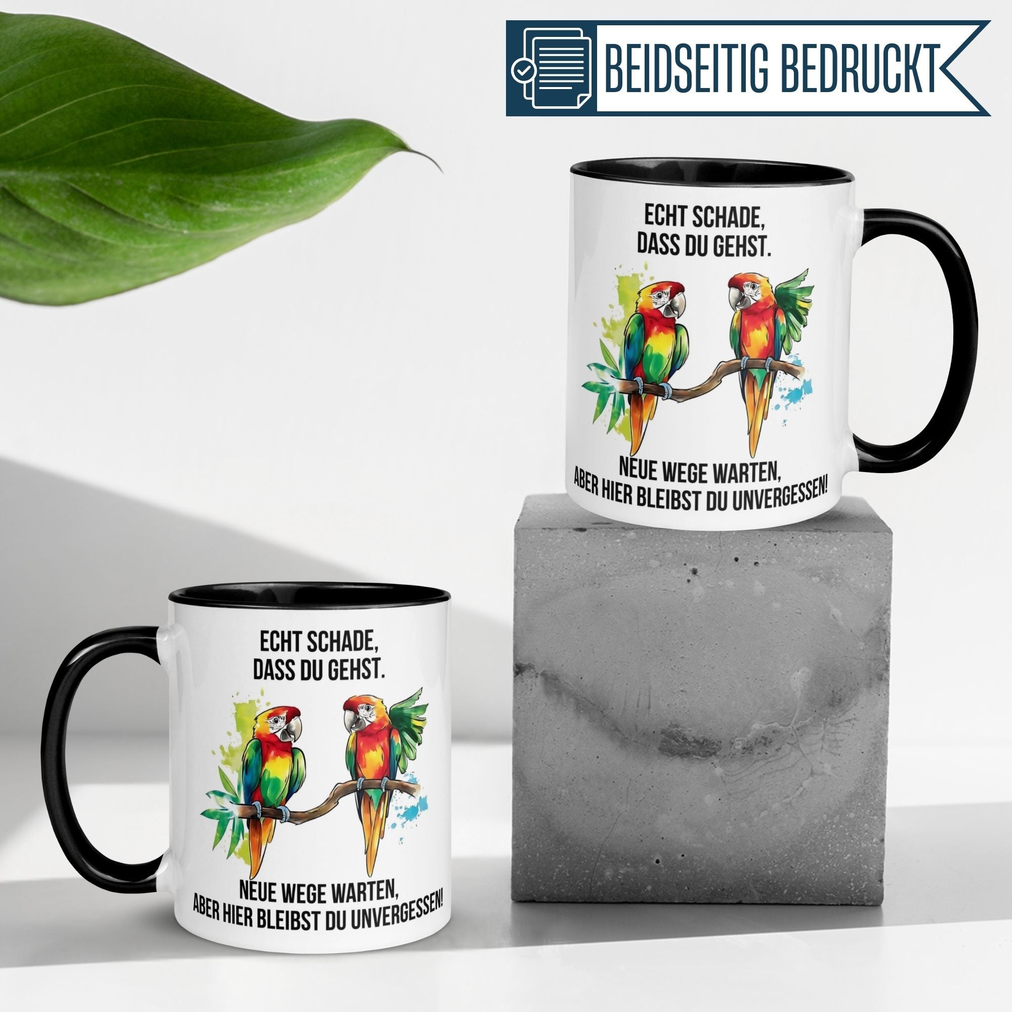 Momentals® Tasse mit bunten Papageien, Spruch zum Abschied, ideal als Geschenk für Kollegen.