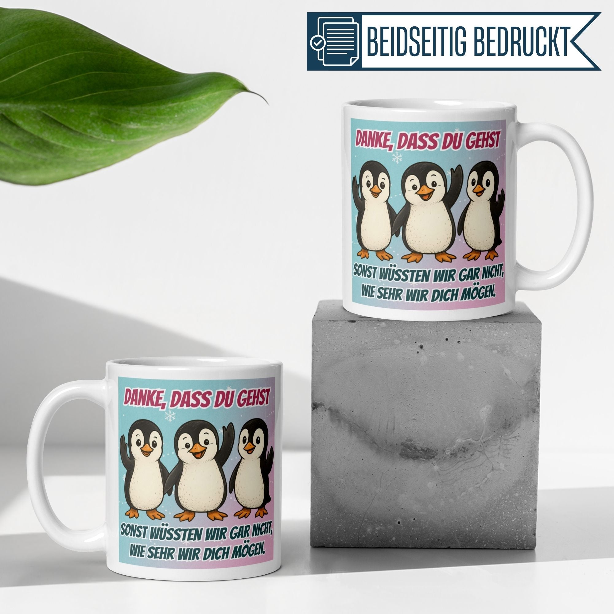 Momentals Tasse mit Pinguinen und Spruch "Danke, dass du gehst" für humorvolle Abschiede im Job.