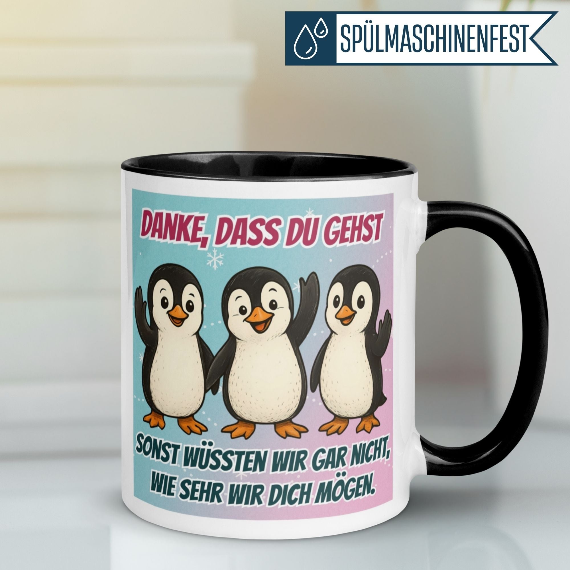 Momentals® Tasse mit Pinguinen und Spruch "Danke, dass du gehst" für humorvolle Abschiede im Job.