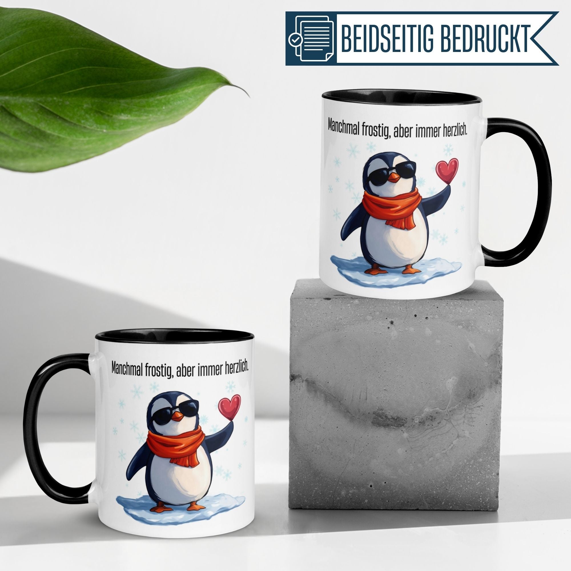 Momentals® Tasse mit Pinguin und Herz, frosty but heartfelt design für Abschiedsgeschenke.