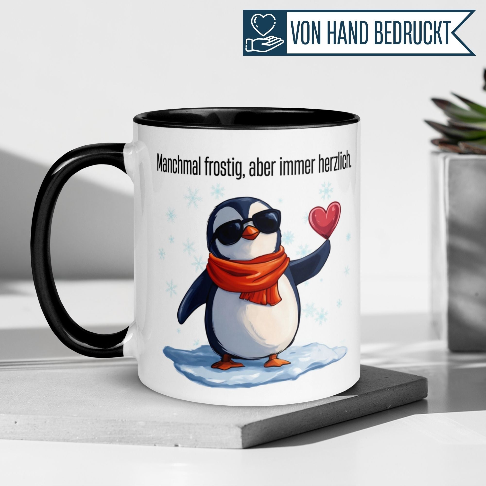 Charmante Tasse mit Pinguin und Herz, perfekt für herzliche Abschiedsgeschenke.
