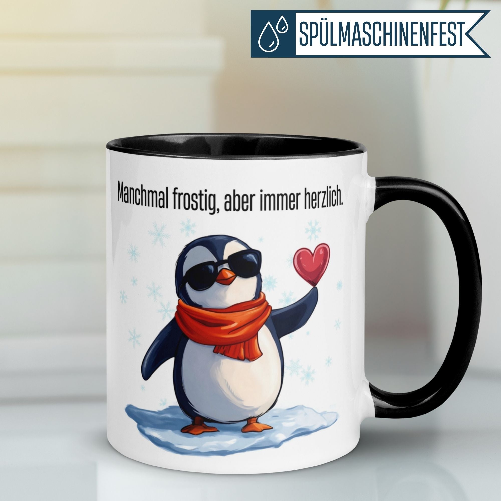 Momentals Tasse mit Pinguin und Herz, frosty aber herzlich, ideal für Abschiedsgeschenke.