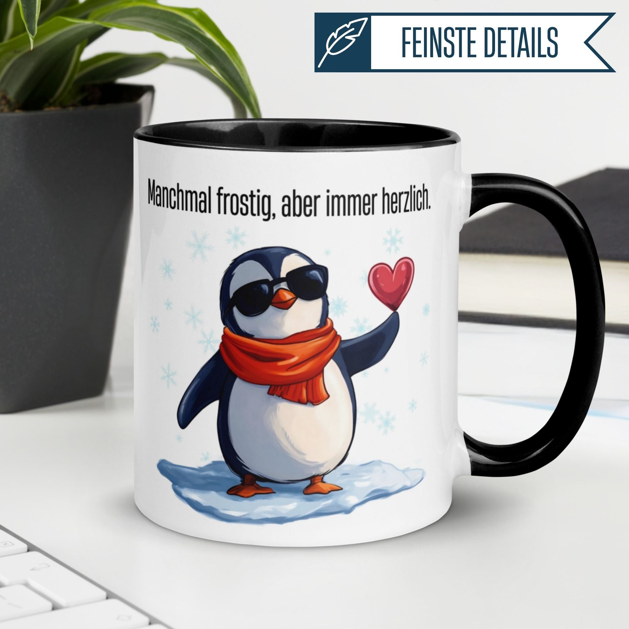 Humorous Momentals coffee mug featuring a penguin with sunglasses and a heart, expressing heartfelt farewell emotions.