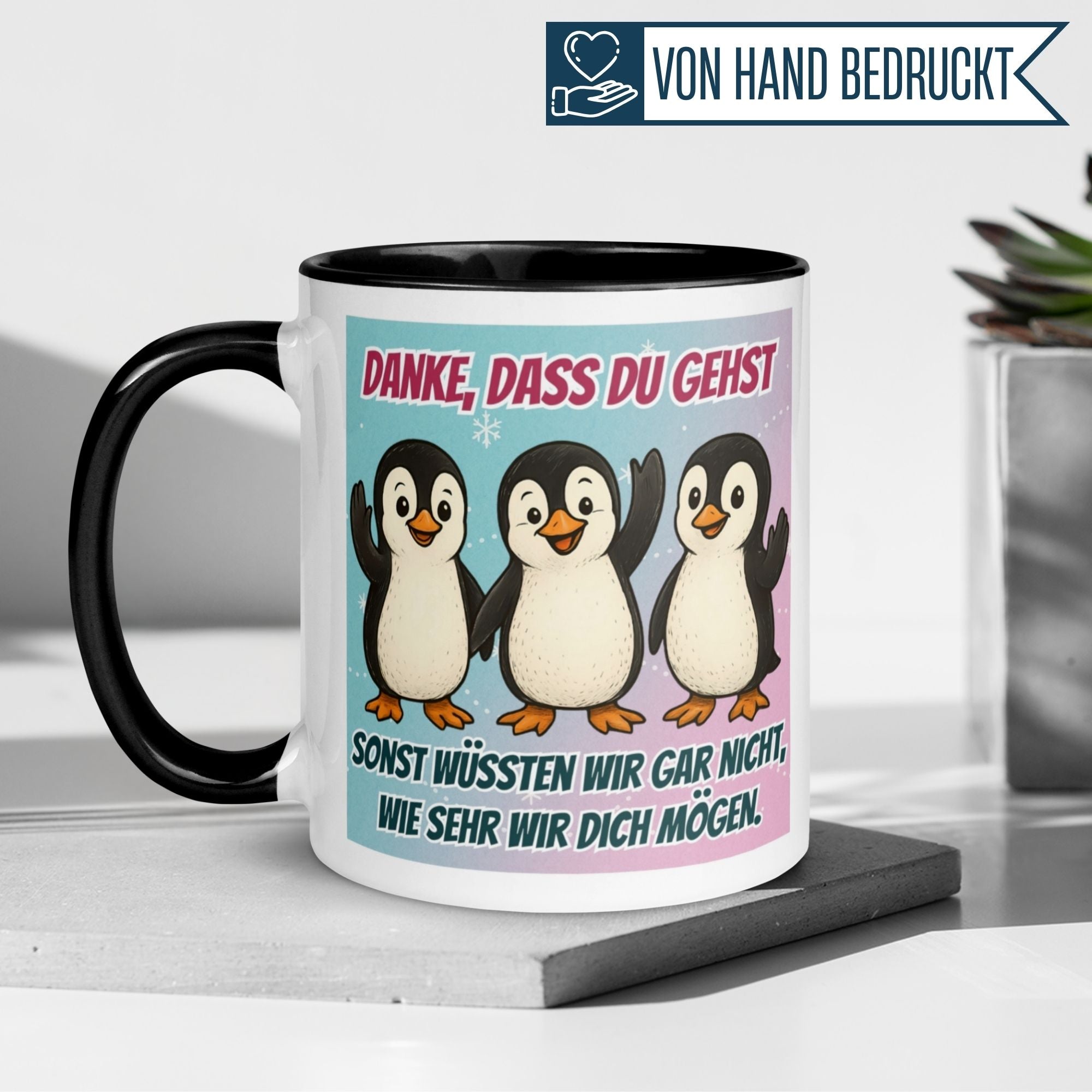Momentals® Tasse mit Pinguinen und Spruch: "Danke, dass du gehst!".