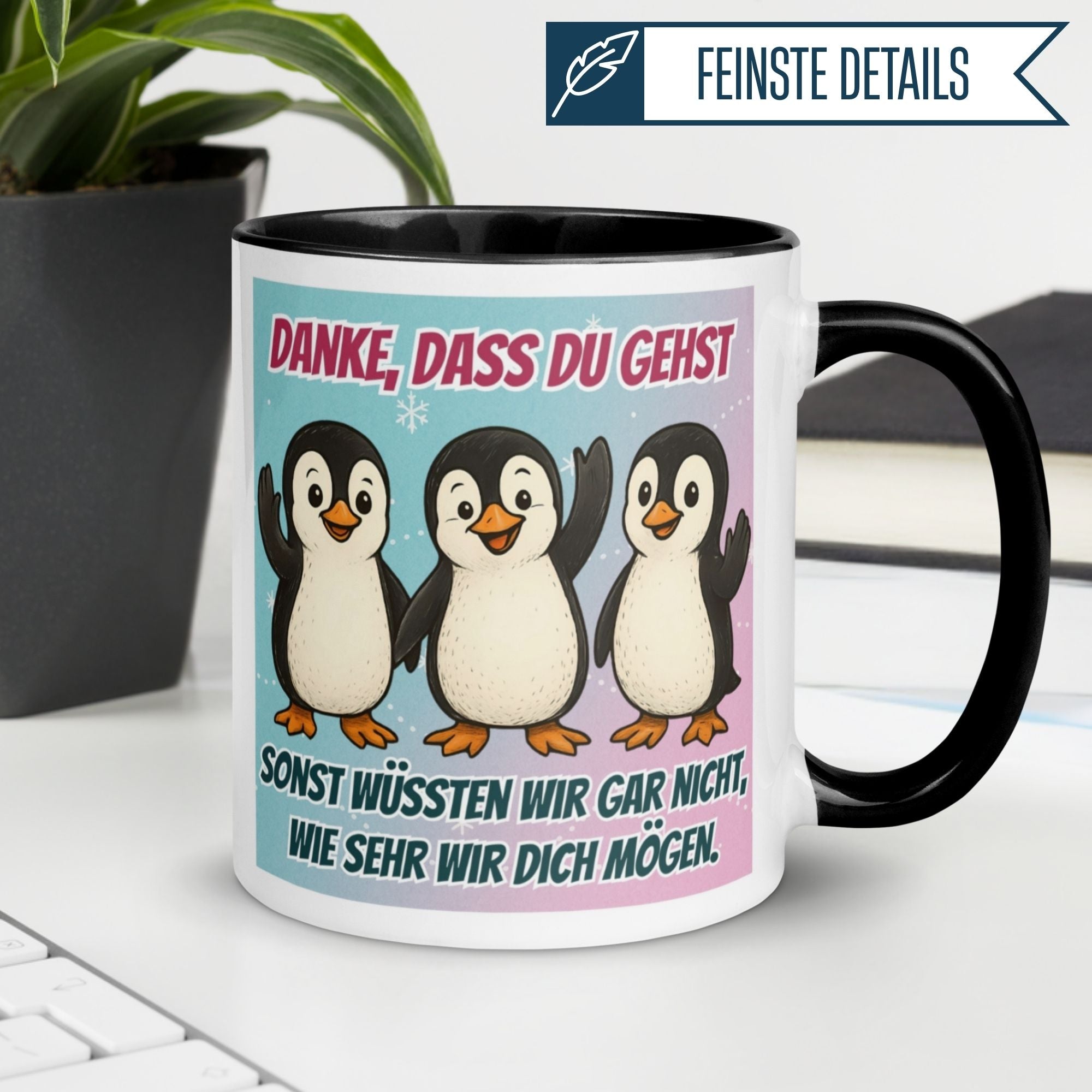 Momentals Tasse mit Pinguinen und Spruch: Danke, dass du gehst - humorvolle Abschiedsgeschenke