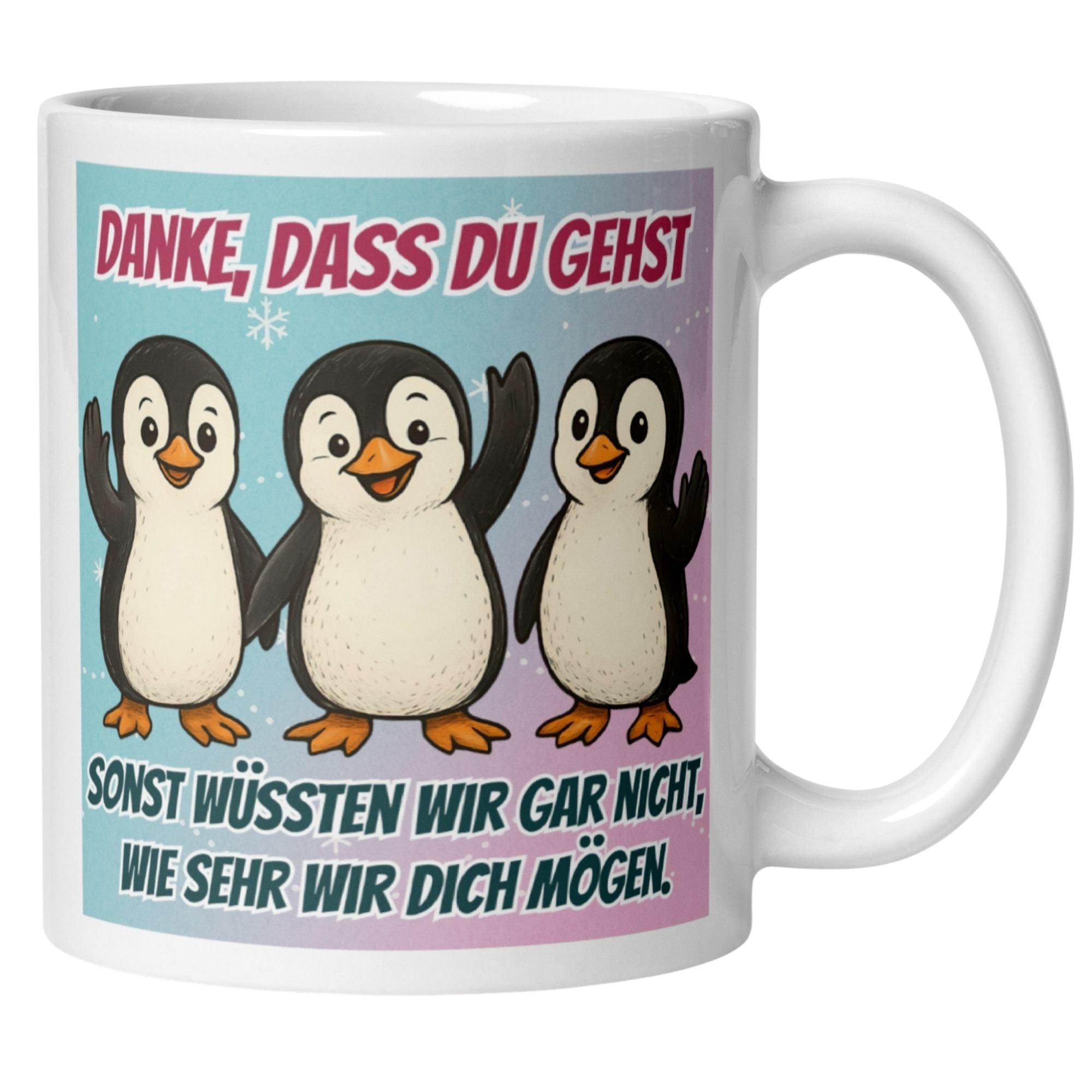 Momentals Tasse mit Pinguinen und Spruch: Danke, dass du gehst. Humorvolles Abschiedsgeschenk für Kollegen.