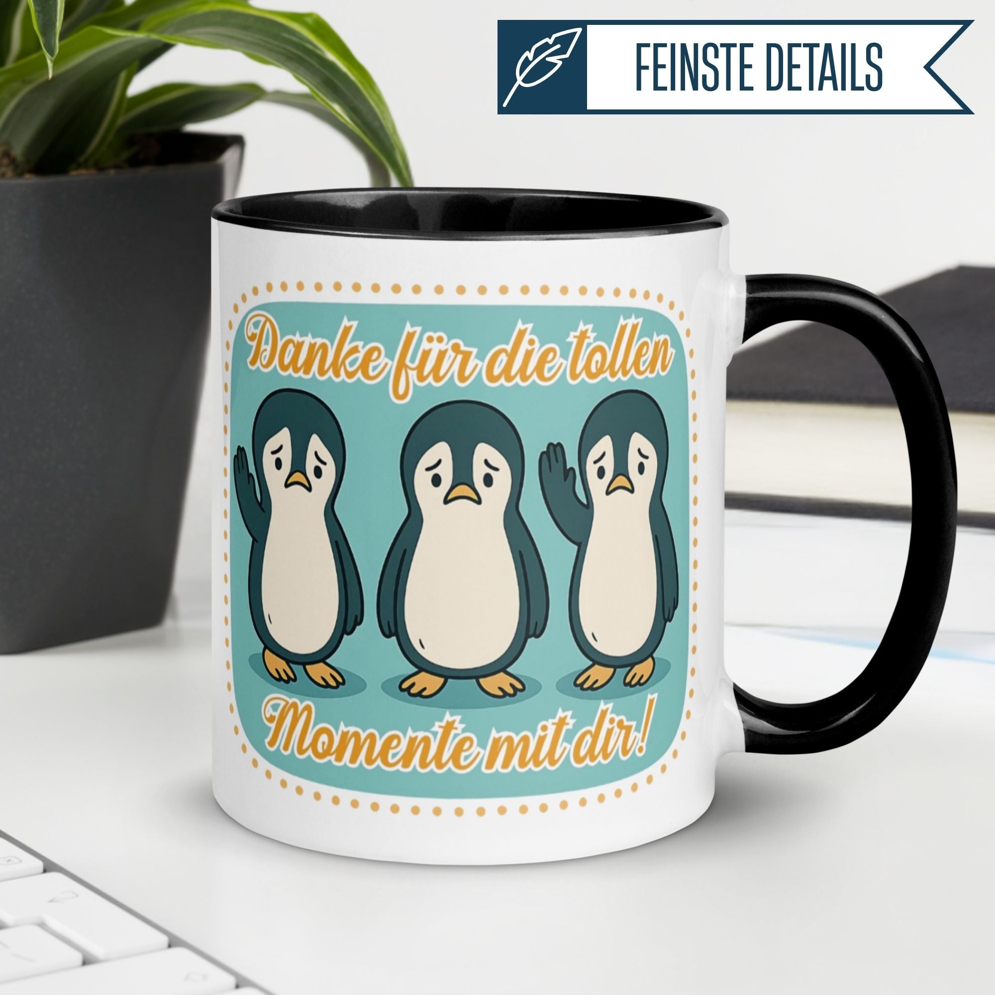 Momentals® Tasse mit Pinguinen und Spruch 'Danke für die tollen Momente mit dir!' in modernem Design.