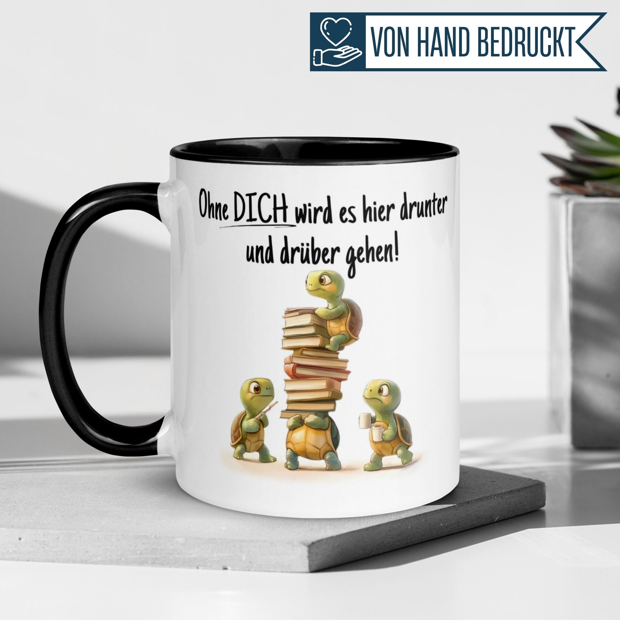 Momentals® Abschiedstasse mit Schildkröten und Spruch: Ohne DICH wird es drunter und drüber gehen!