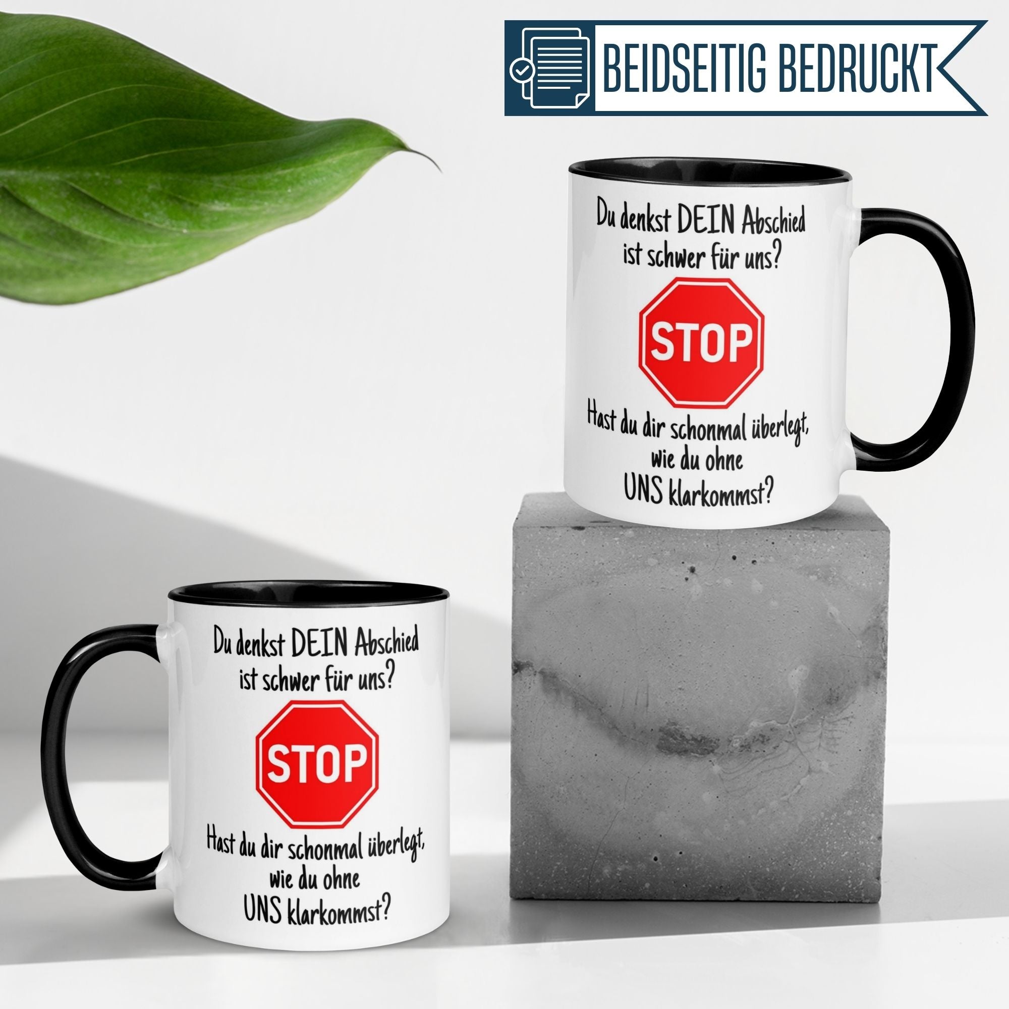 Momentals Tasse Abschied mit STOP-Schild und Spruch, ideal als humorvolles Geschenk für Kollegen.