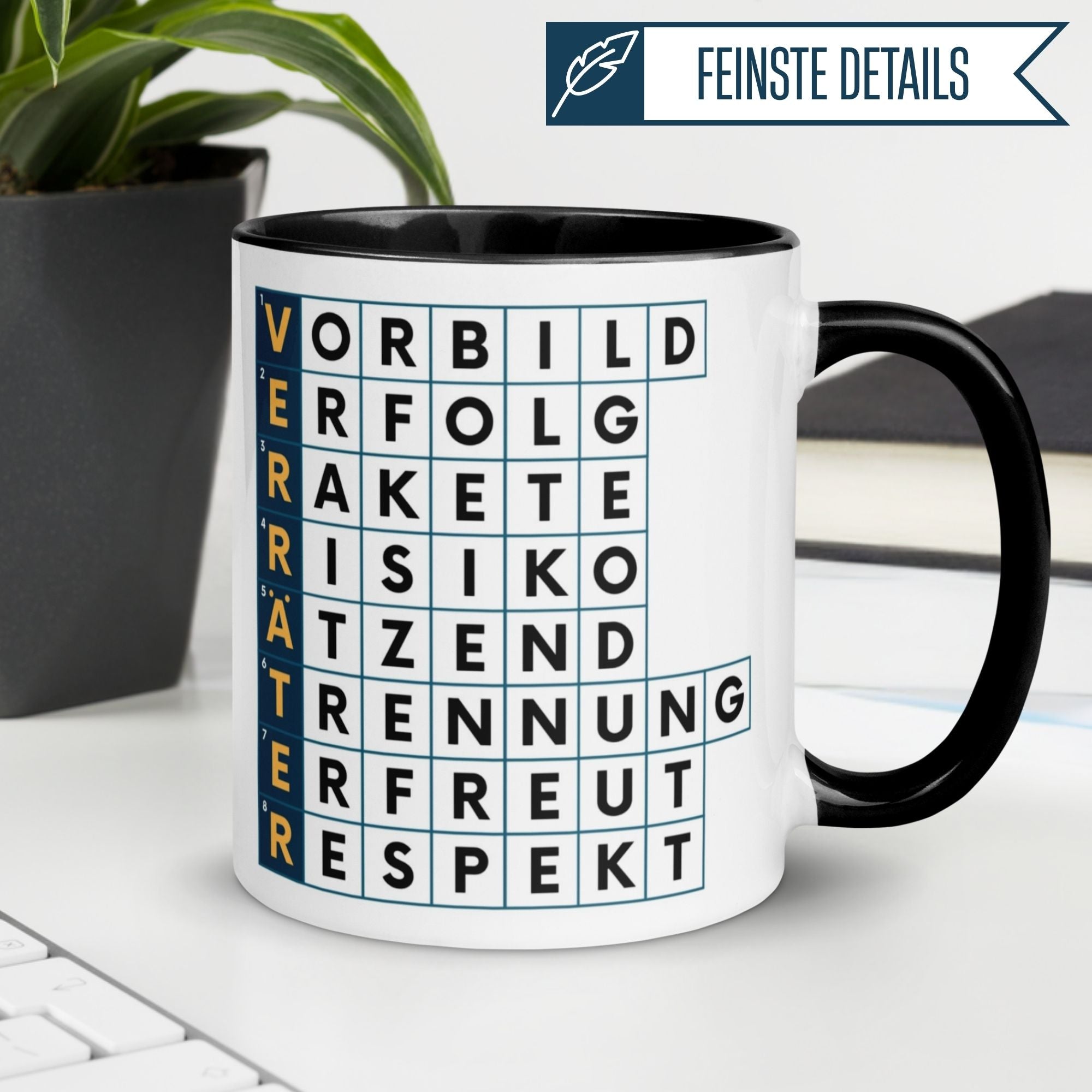 Momentals Tasse Abschied mit Kreuzworträtsel "Verräter" für humorvolle Job-Anerkennung.