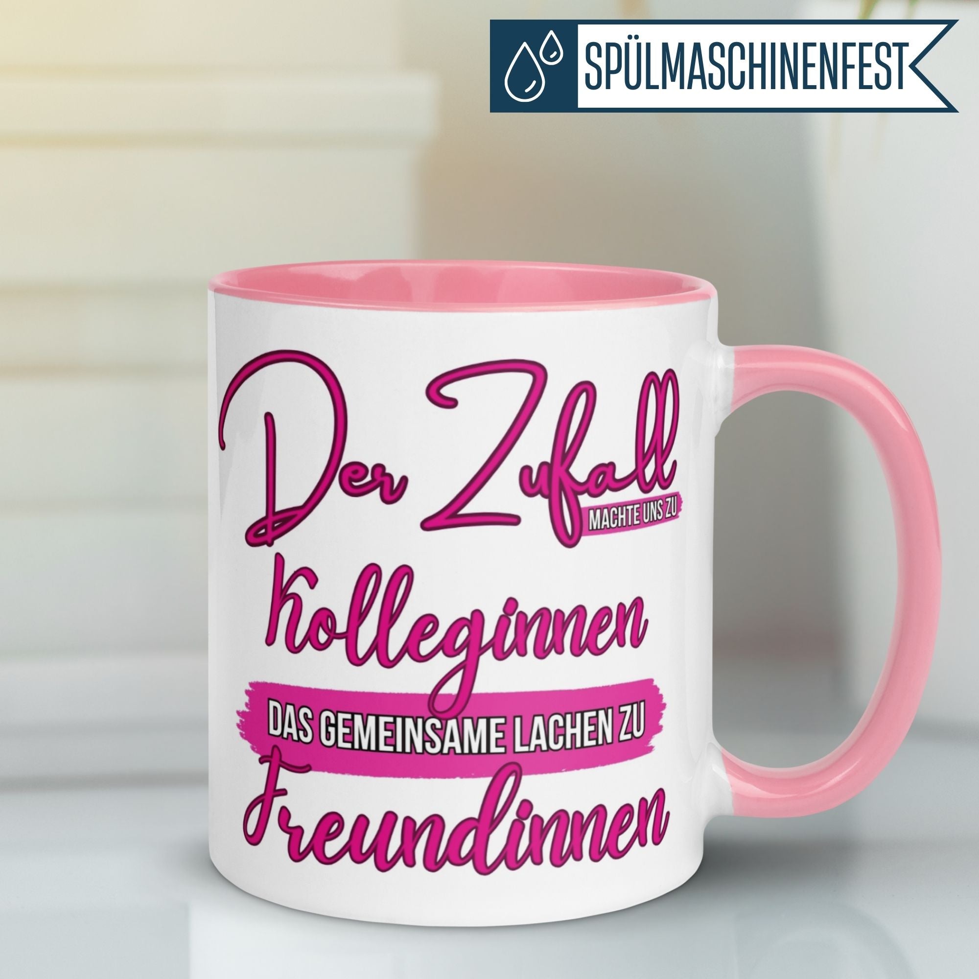 Momentals Tasse Abschied, pinke Tasse mit Spruch über Freundschaft zwischen Kolleginnen.
