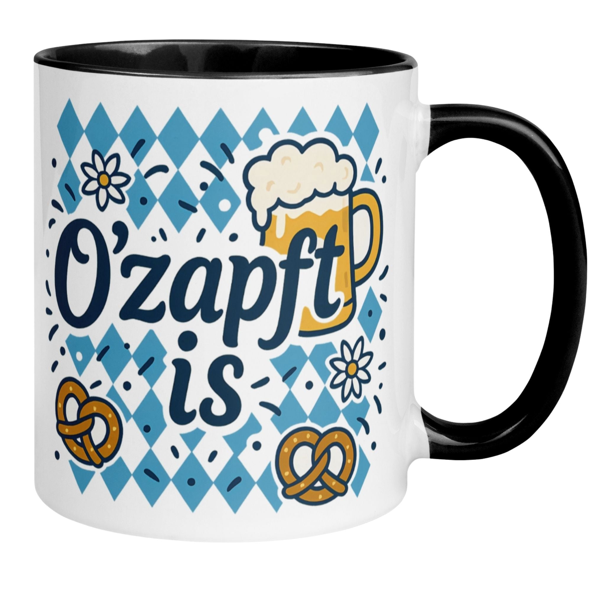 Momentals® Tasse mit Spruch "O’zapft is", Brezn und bayerischen Rauten für Festkultur-Fans.