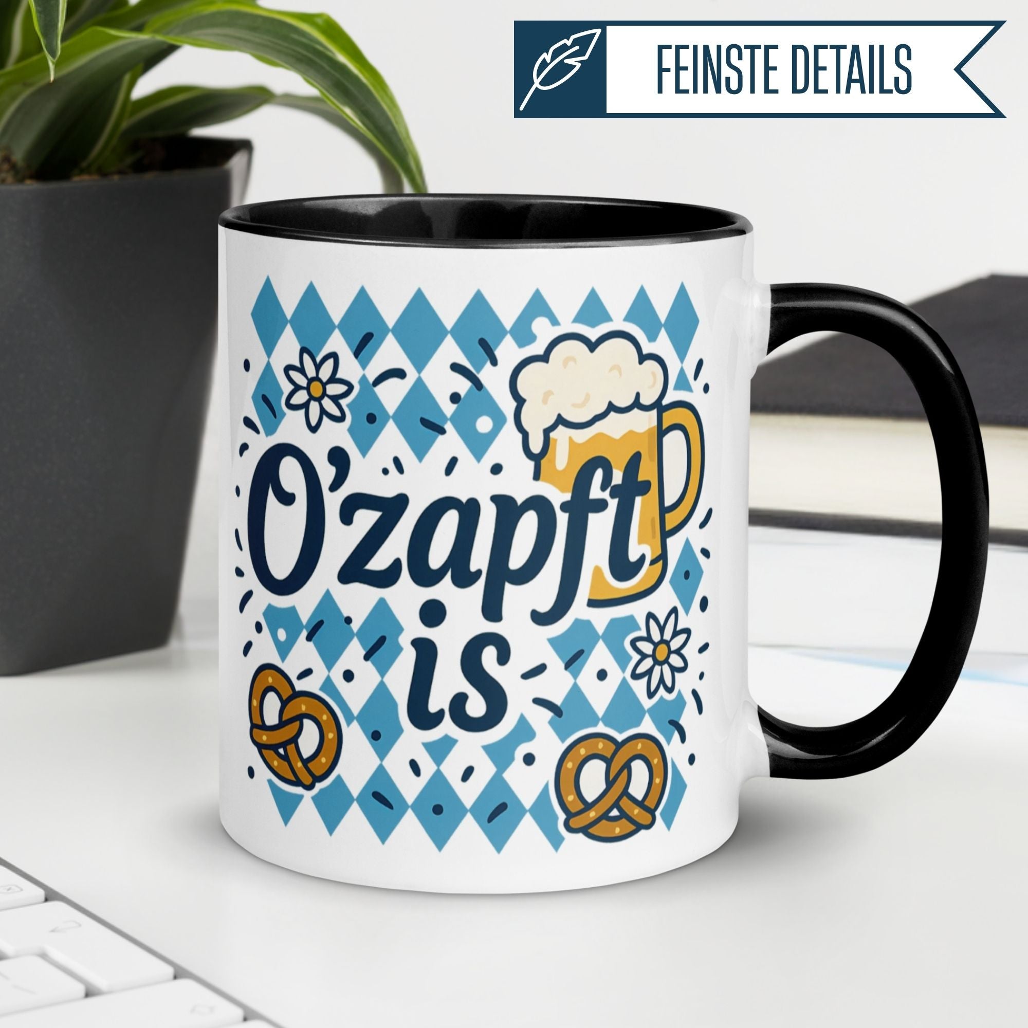 Bavarian-style mug featuring the phrase 'O’zapft is' with pretzels and beer design, perfect for festive celebrations.