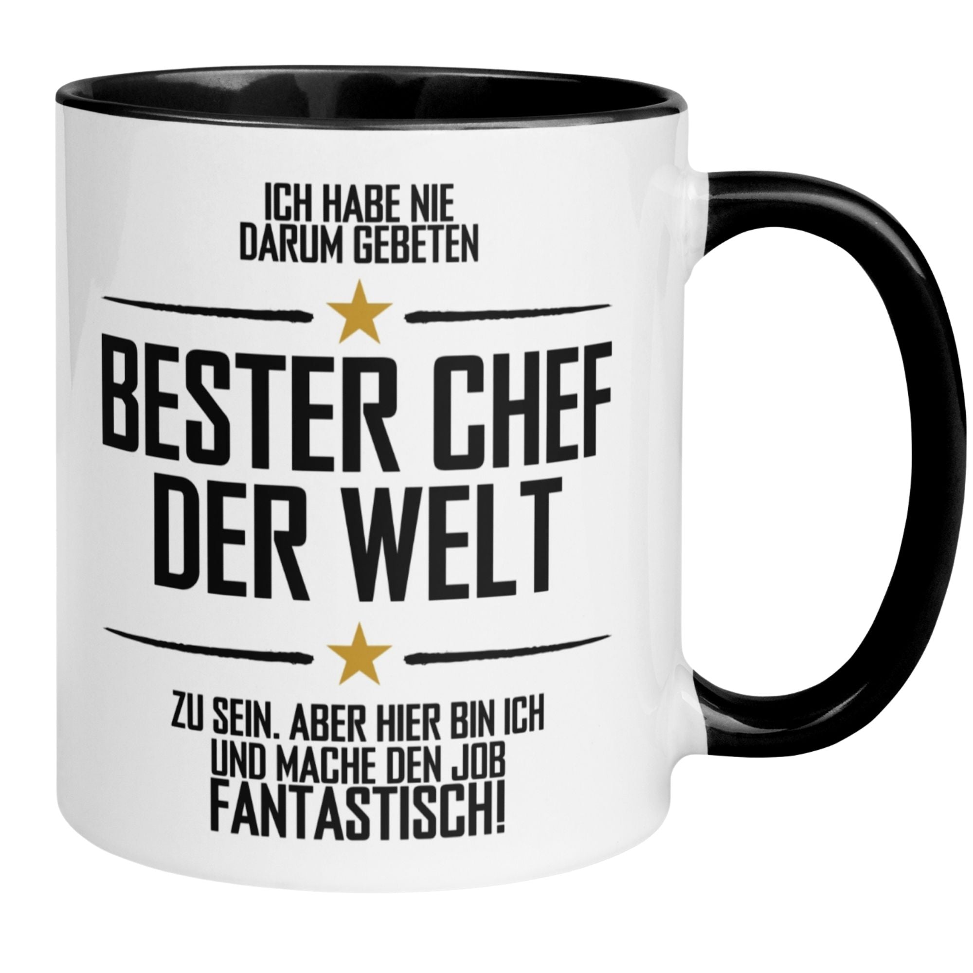 Humorous coffee mug for the best boss with a motivational quote in German.
