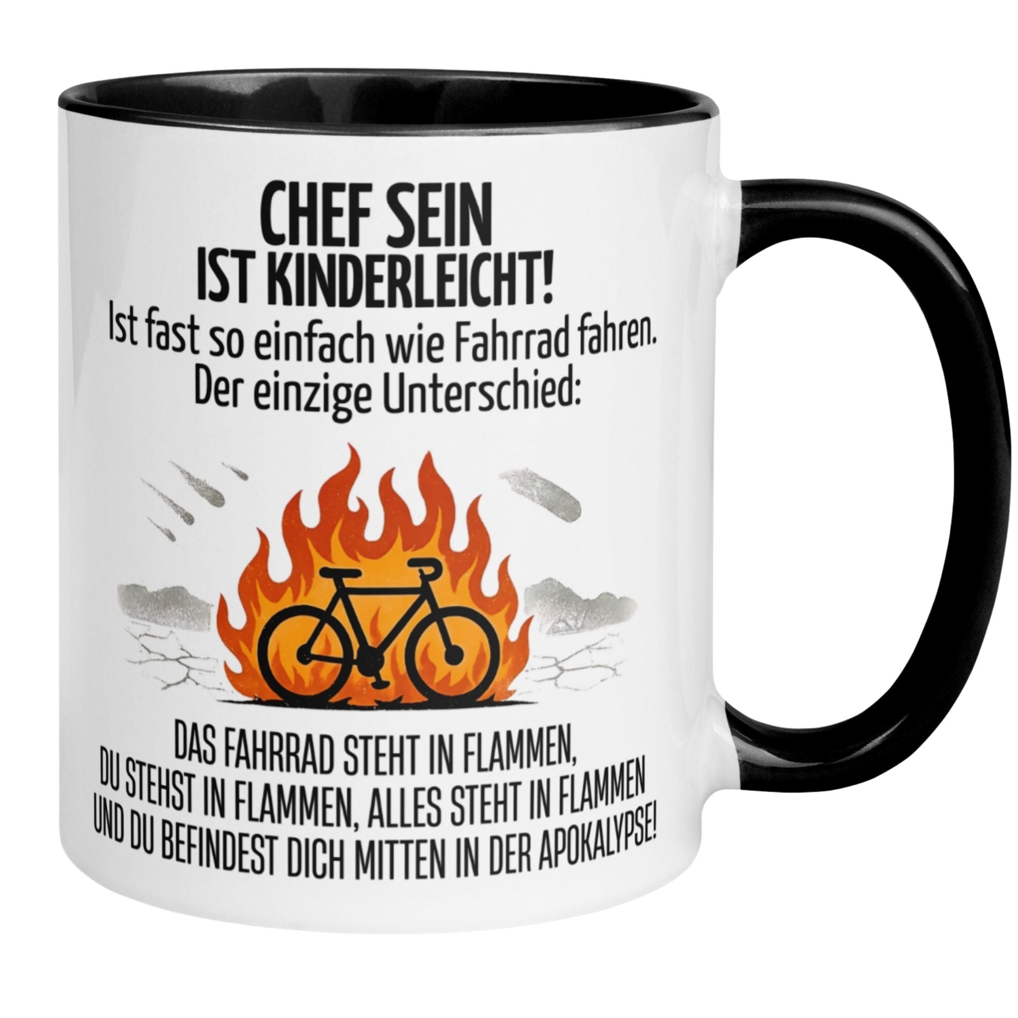 Momentals Tasse Chef mit humorvollem Spruch über Chefsein und Fahrrad fahren in der Apokalypse.